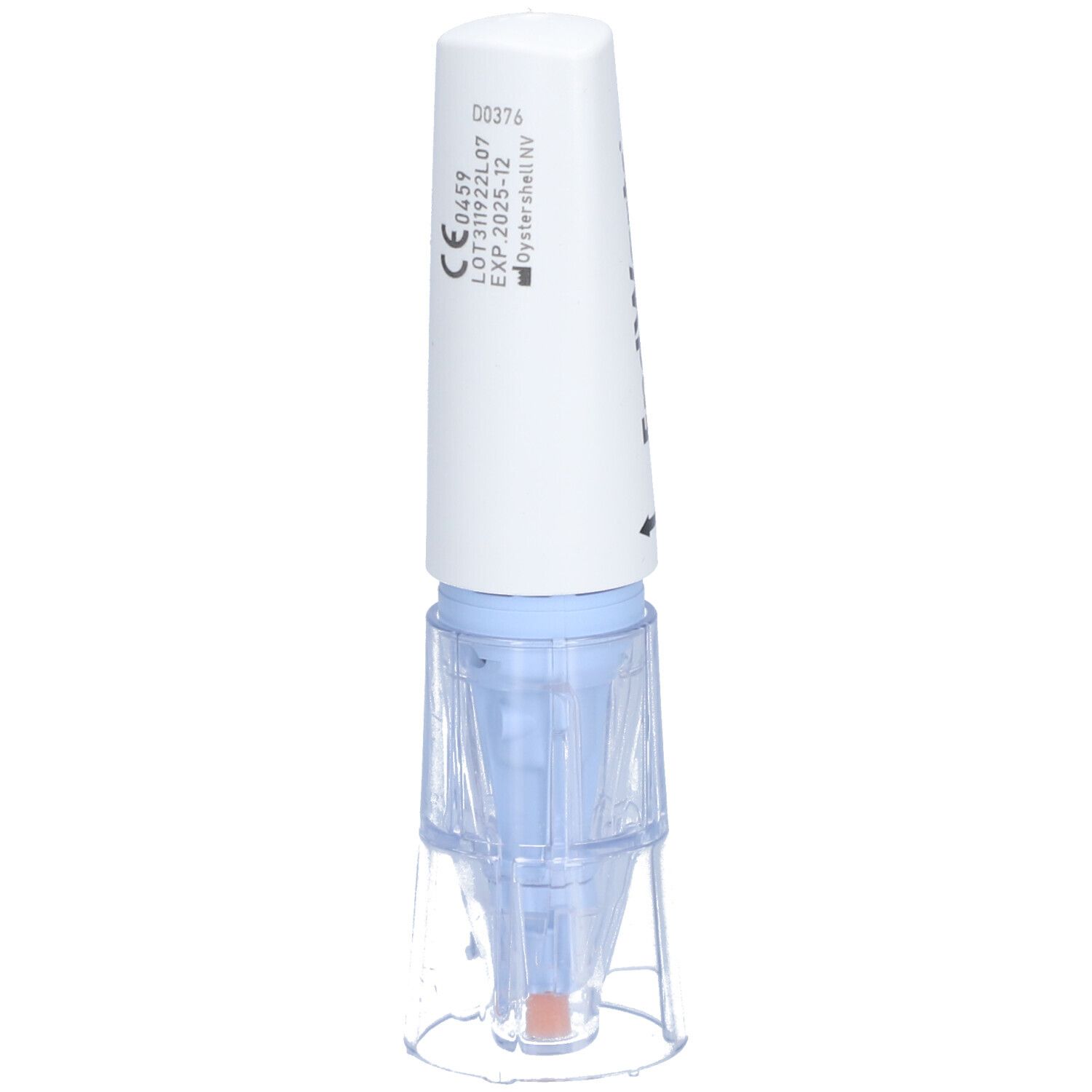 Agent de cryothérapie EndWarts FREEZE. Récipient blanc avec applicateur bleu. Base transparente. Codes imprimés et date d'expiration.