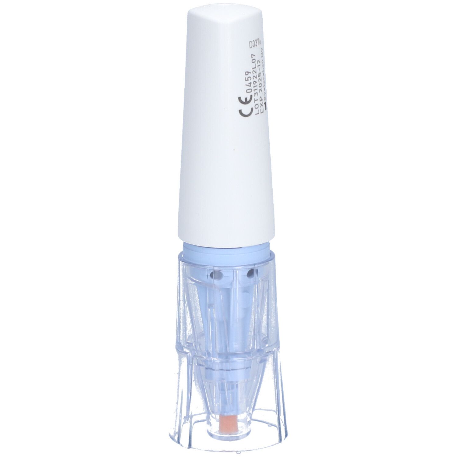 Agent de cryothérapie EndWarts FREEZE. Récipient blanc avec applicateur bleu. Base transparente. Codes imprimés et date d'expiration.