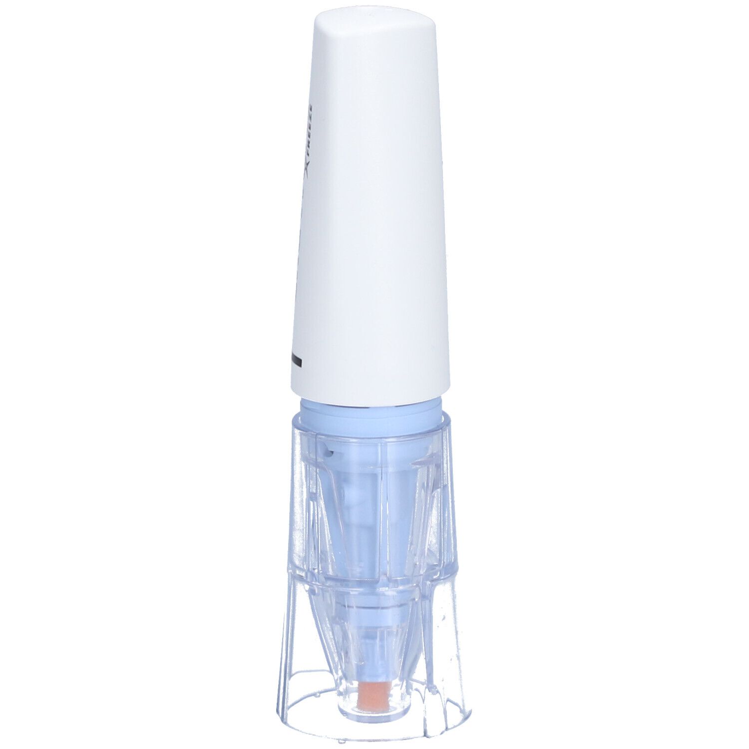 Agent de cryothérapie EndWarts FREEZE. Récipient blanc avec applicateur bleu. Base transparente. Flèche indiquant la direction.