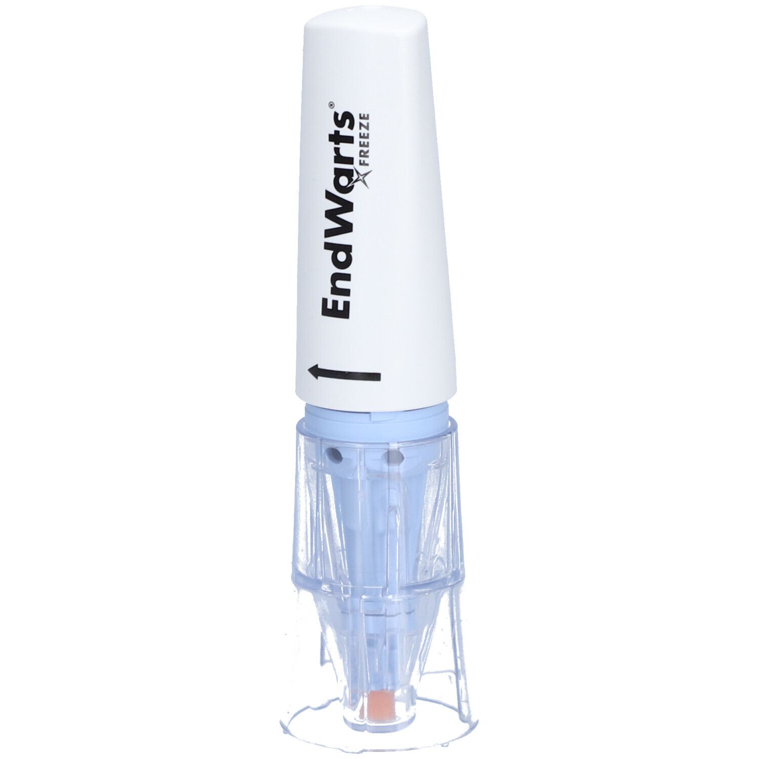 Agent de cryothérapie EndWarts FREEZE. Récipient blanc avec applicateur bleu. Base transparente. Flèche indiquant la direction.
