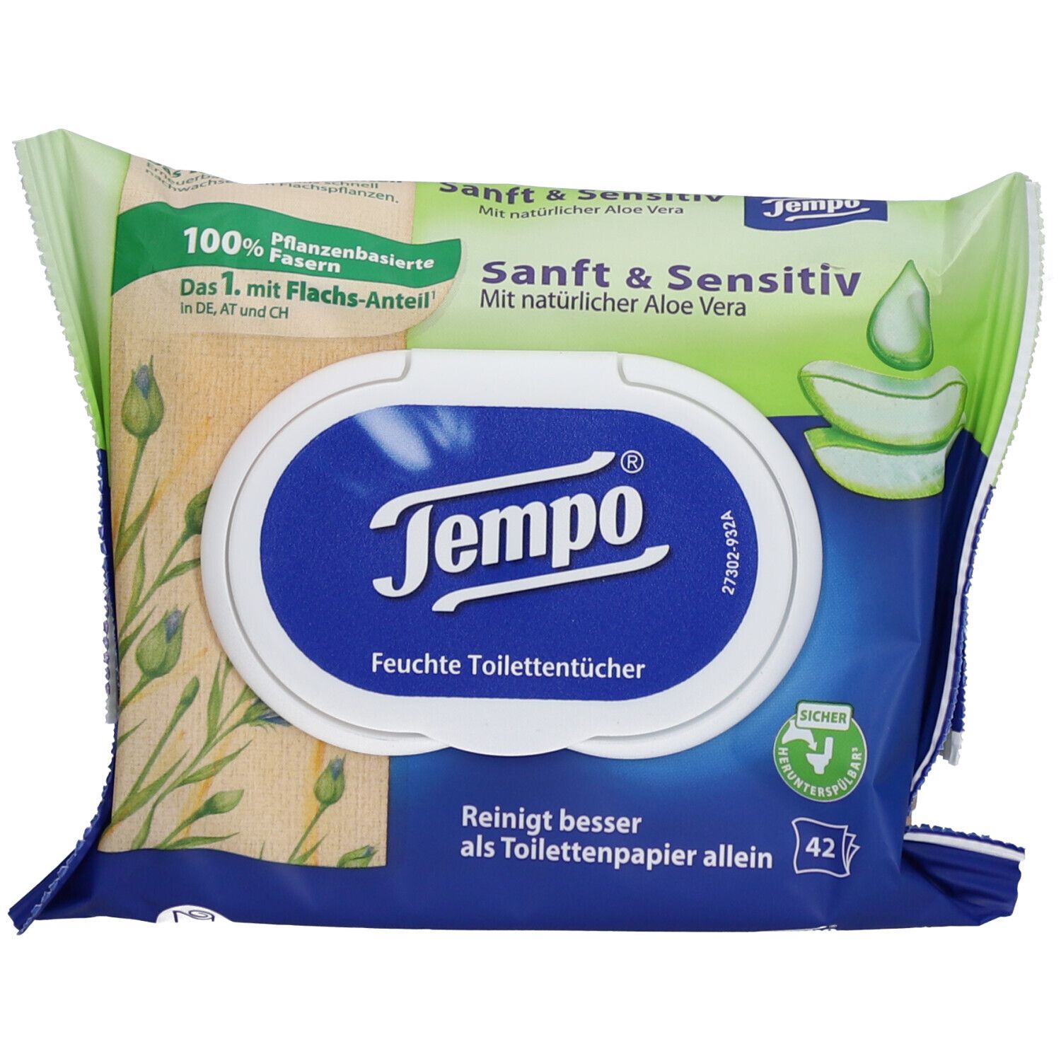 Paquet de lingettes humides Tempo Sanft & Sensitiv. Emballage bleu et vert avec logo et texte. 42 lingettes.