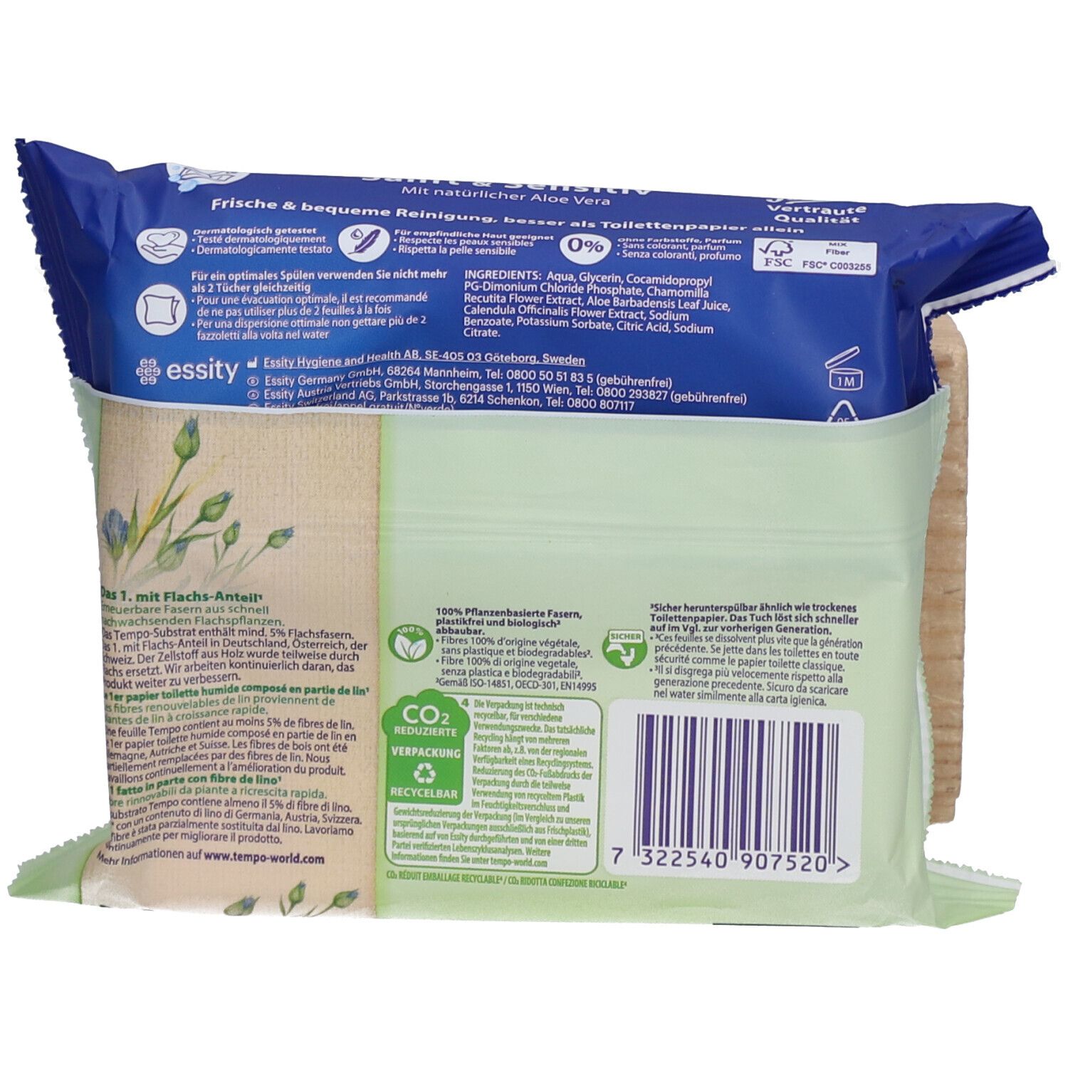 Dos du paquet de lingettes humides Tempo. Texte, ingrédients, logo, symbole de recyclage. Couleurs verte et bleue.