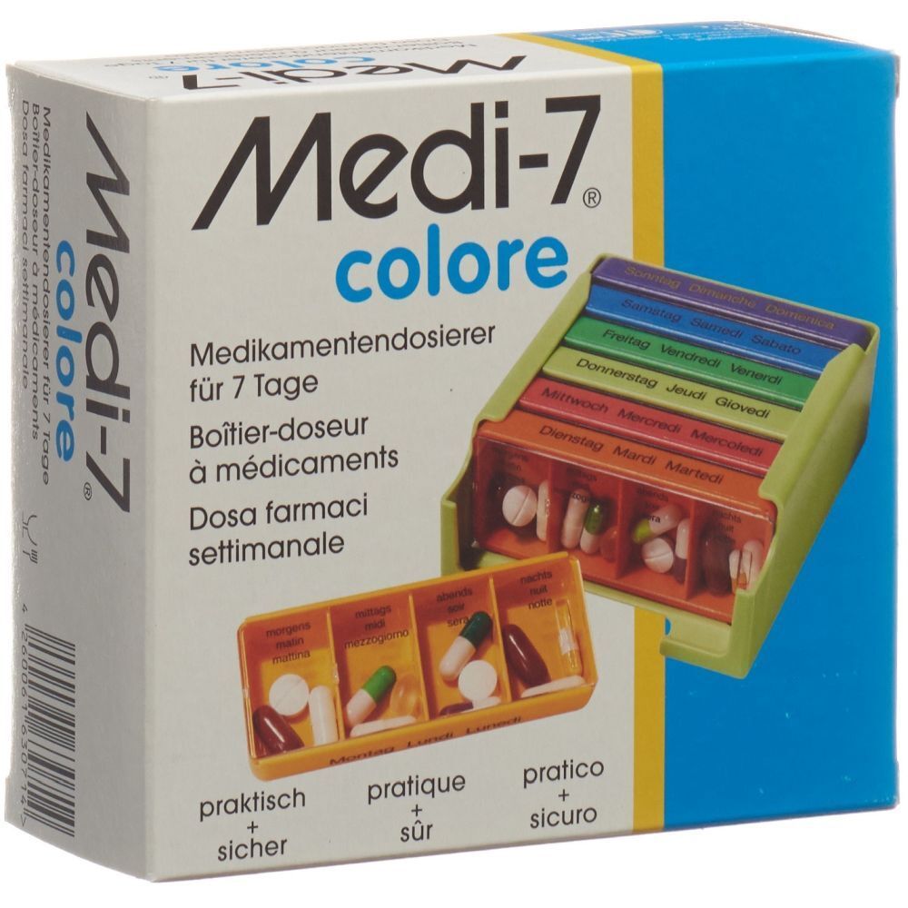 Boîte de dosage de médicaments MEDI-7 colore pour 7 jours. Compartiments colorés pour médicaments. Contient comprimés et gélules.