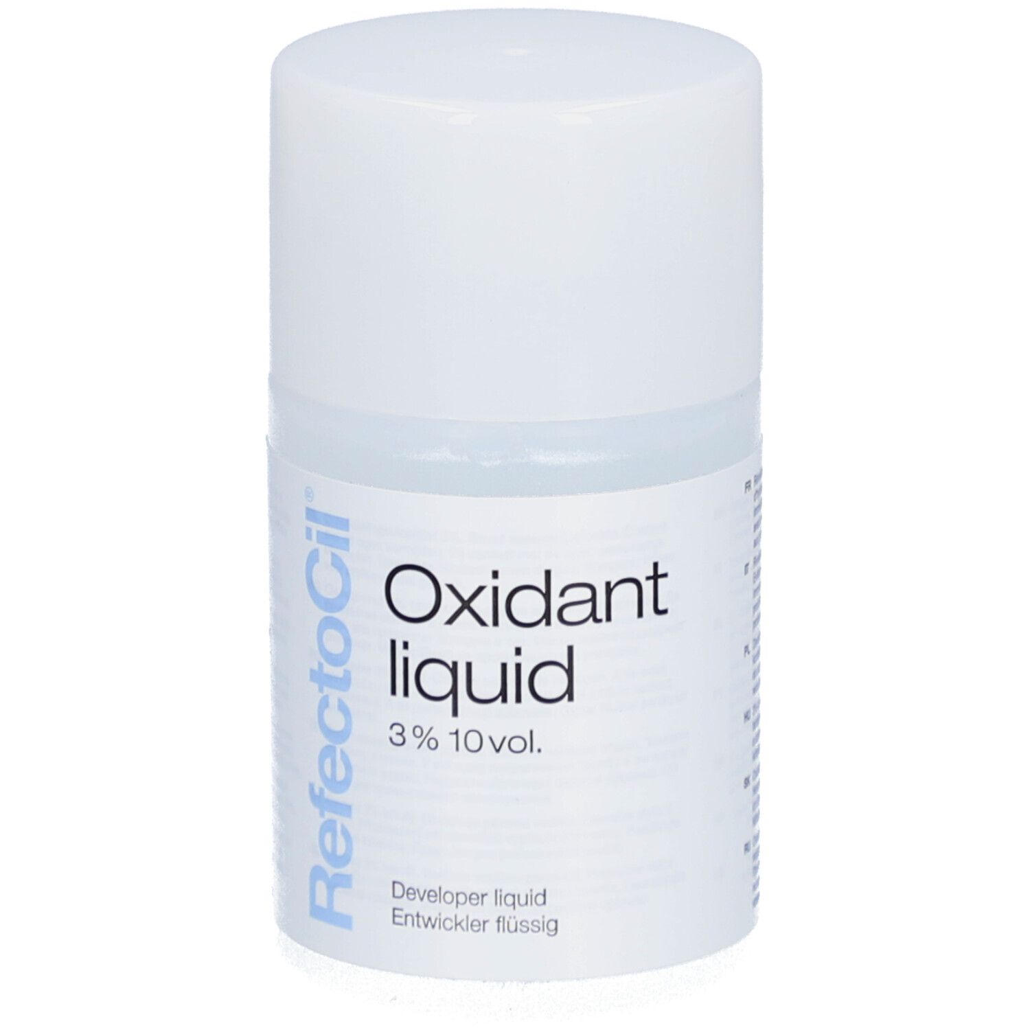 Flacon Refectocil Oxidant liquid 3%. Récipient blanc, texte bleu. Liquide révélateur.