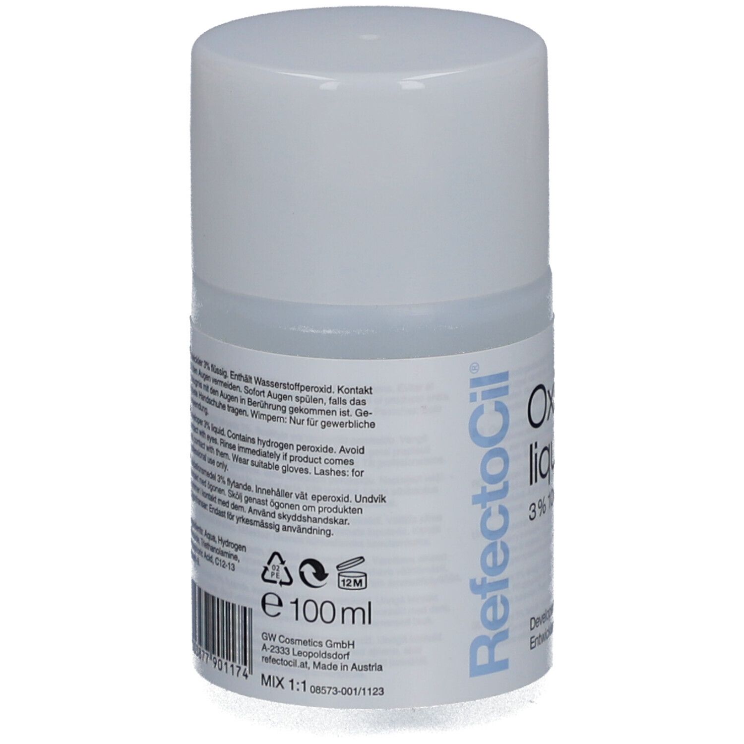 Flacon Refectocil Oxidant liquid 3%. Flacon blanc avec texte. Contient du peroxyde d'hydrogène. 100ml.