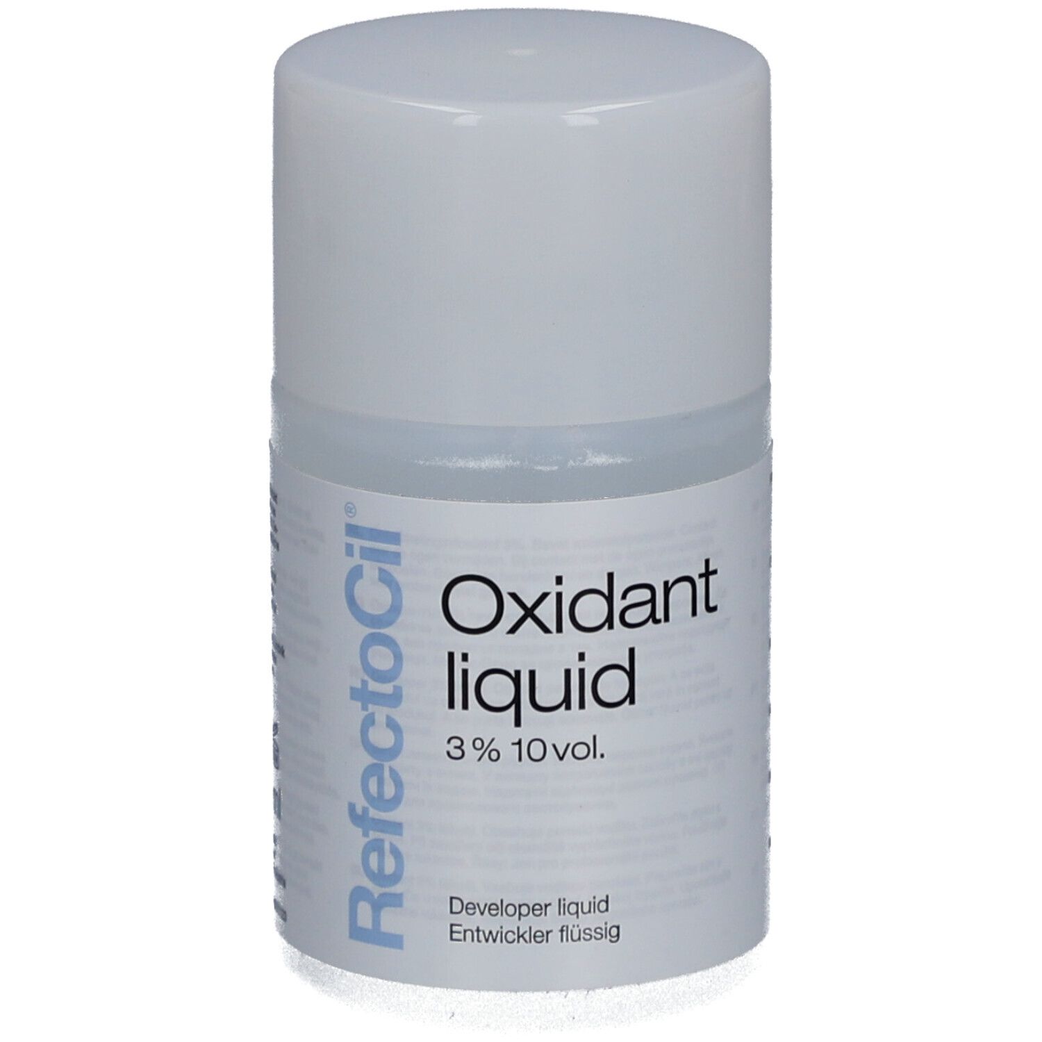 Flacon Refectocil Oxidant liquid 3%. Récipient blanc, texte bleu. Liquide révélateur.