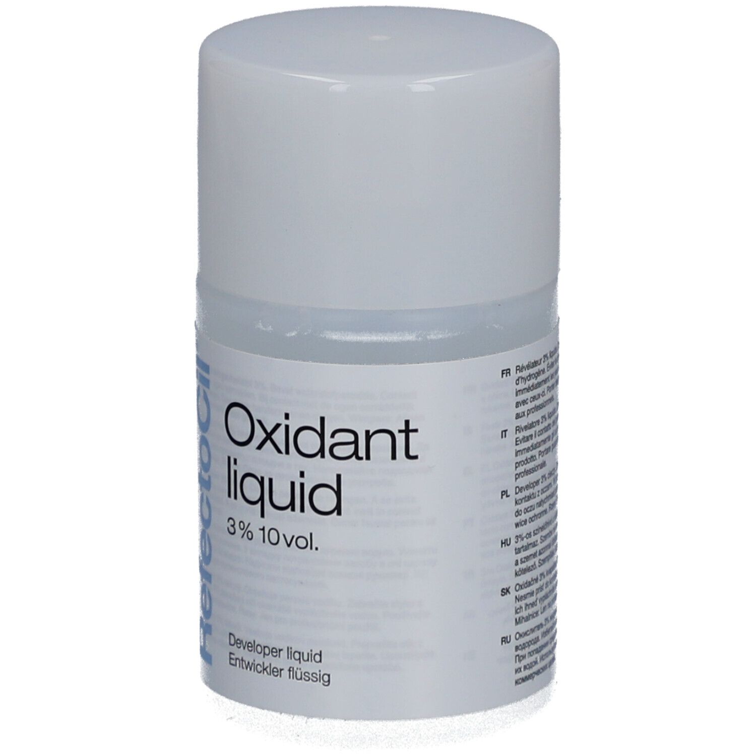 Flacon Refectocil Oxidant liquid 3%. Récipient blanc, texte bleu. Liquide révélateur.