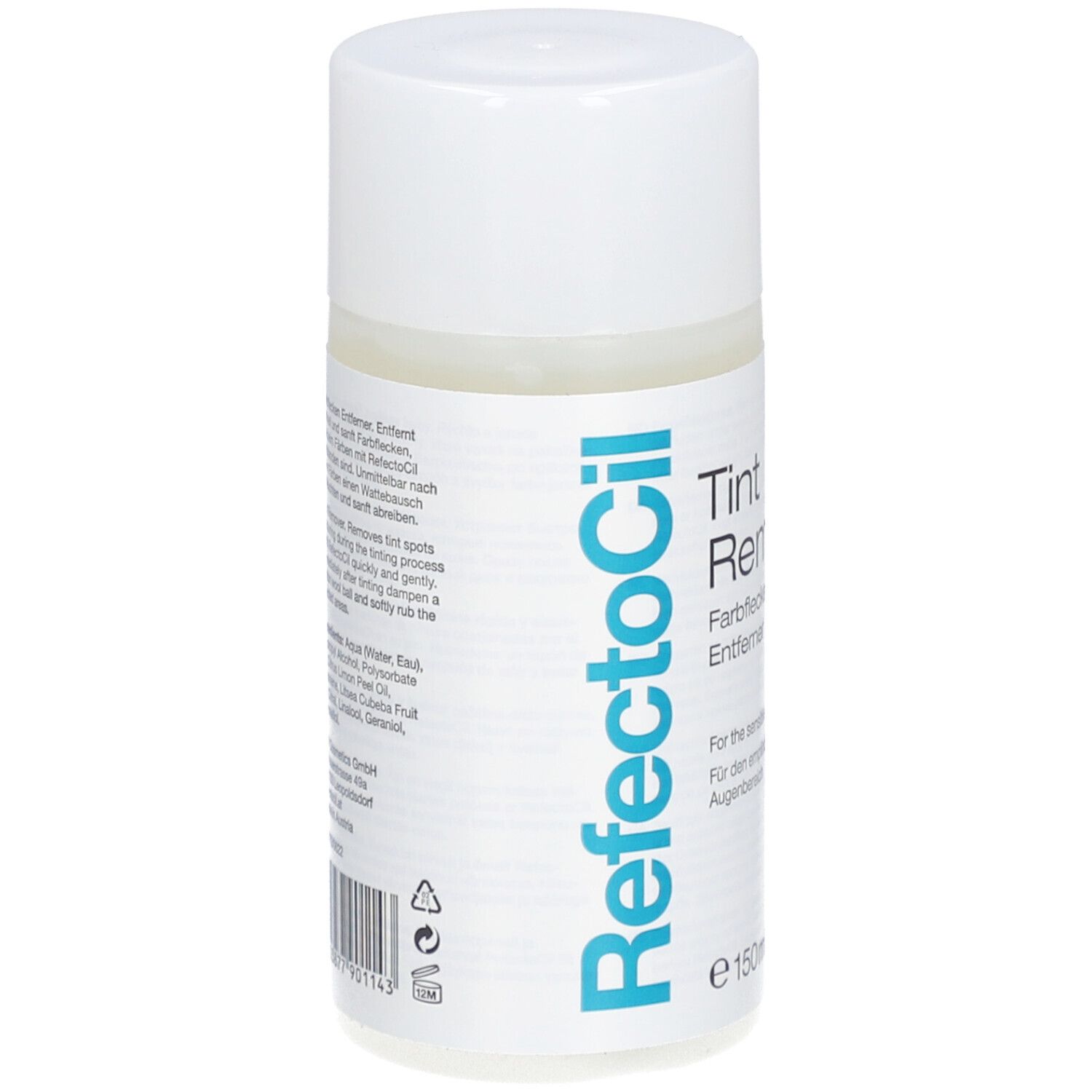 Flacon blanc avec étiquette bleue. Texte: RefectoCil, Tint Remover, Farbfleckenentferner. Pour la zone sensible des yeux.