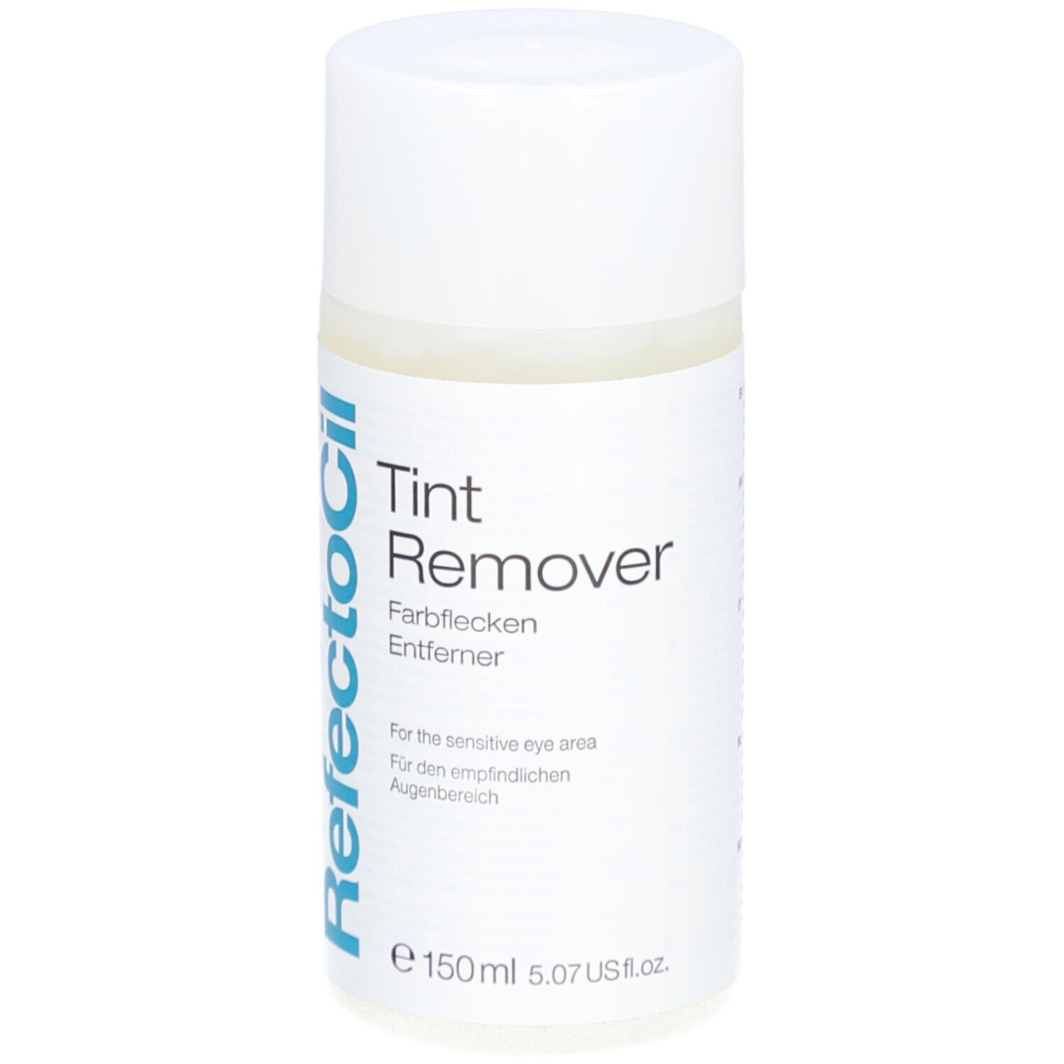 Flacon blanc avec étiquette bleue. Texte: Tint Remover, Farbfleckenentferner. Pour zone sensible des yeux. 150ml.