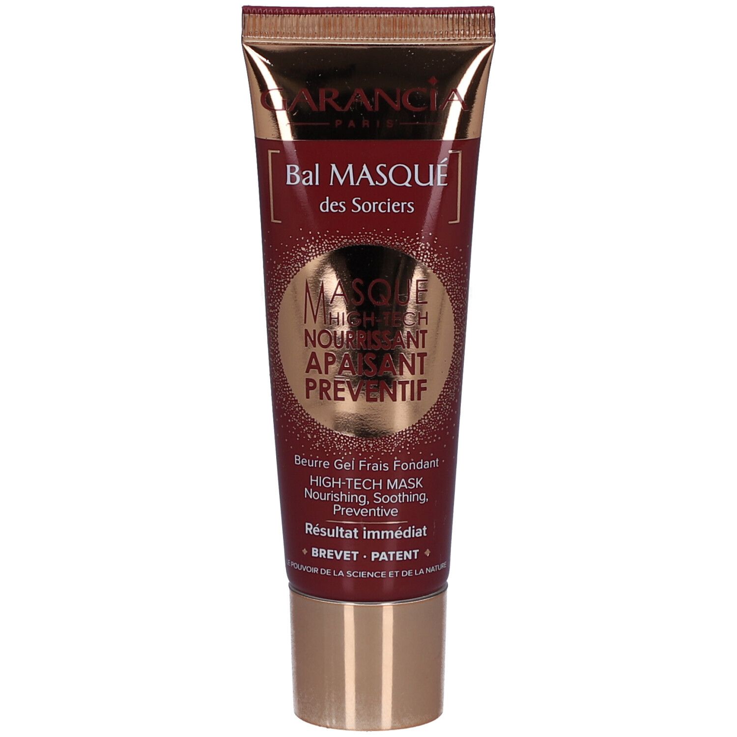 Tube de crème avec bouchon doré. Inscription: GARANCIA PARIS, Bal Masqué des Sorciers, Masque Nourrissant Apaisant Préventif.
