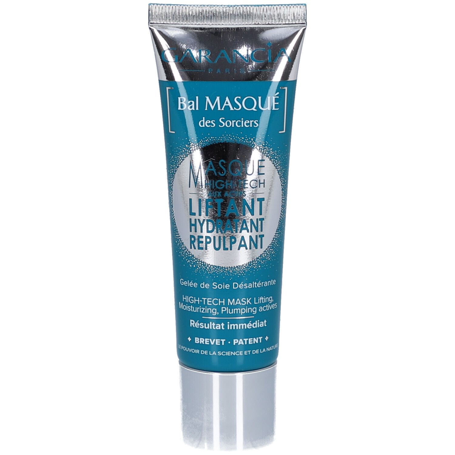 Tube de crème. Inscriptions: Bal Masqué des Sorciers, Masque Liftant Hydratant Repulpant. Bouchon argenté.