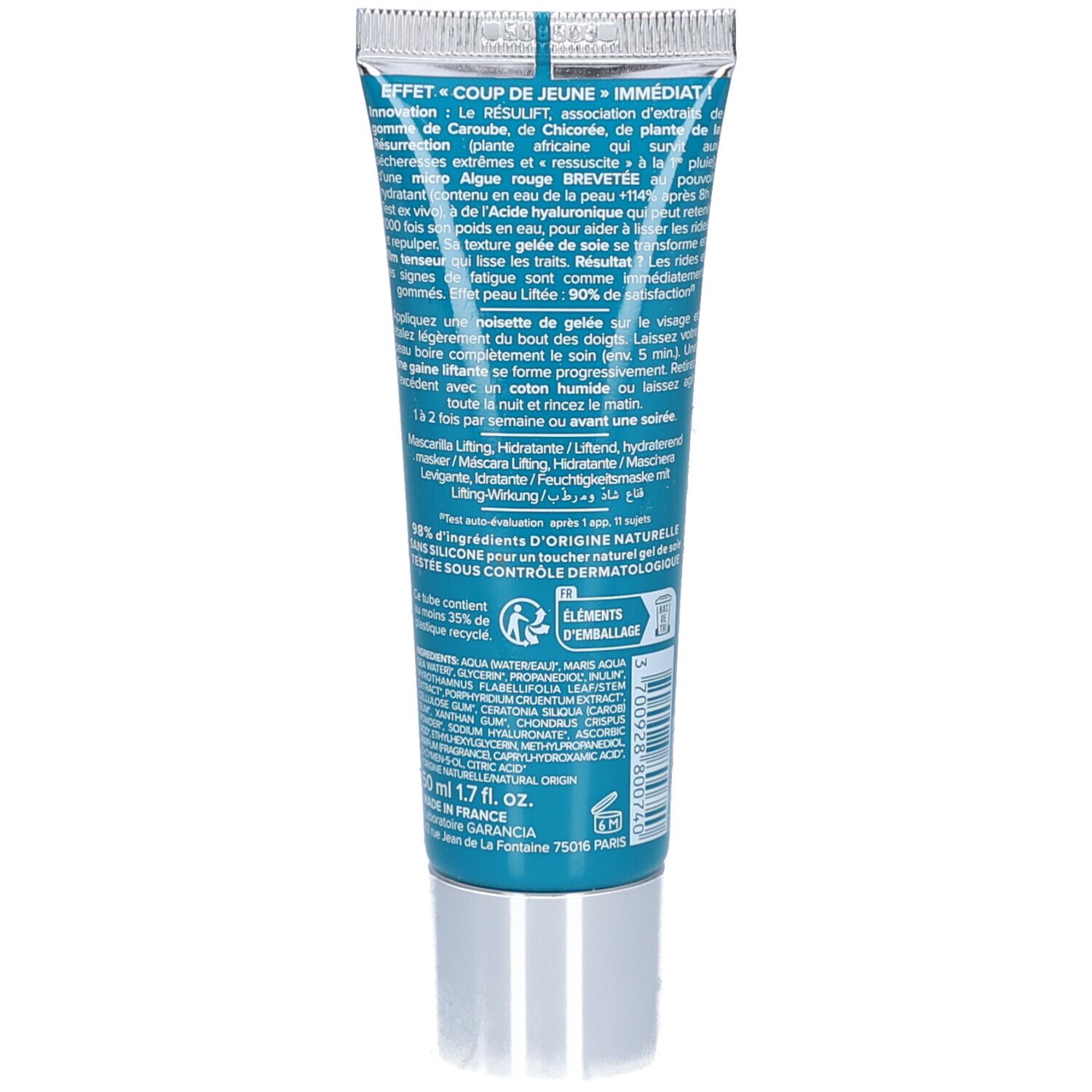 Dos du tube. Texte multilingue. Bouchon argenté. Inscriptions: 50 ml, Made in France.