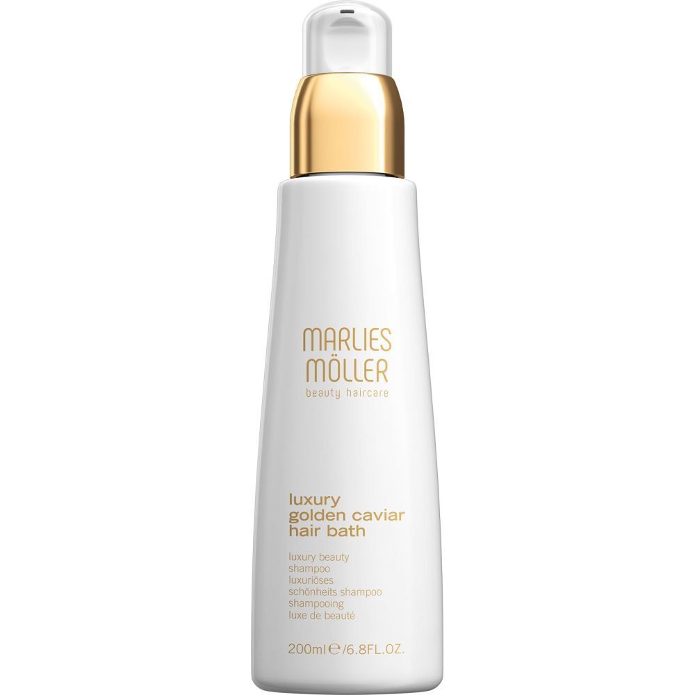 Flacon blanc avec bouchon doré. Inscription: Marlies Möller, Luxury Golden Caviar Hair Bath. 200ml.
