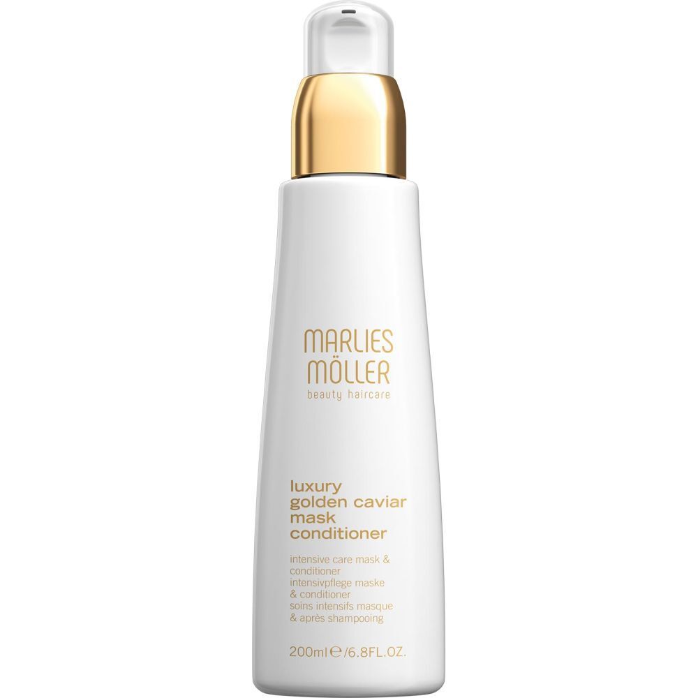 Flacon blanc avec bouchon doré. Inscription : Marlies Möller, Luxury Golden Caviar Mask Conditioner.