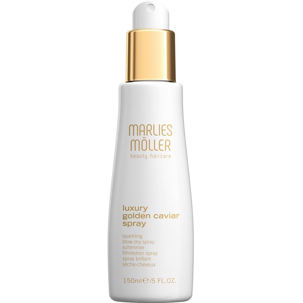 Spray blanc avec bouchon doré. Inscription: Marlies Möller, Luxury Golden Caviar Spray. 150ml/5 FL.OZ.