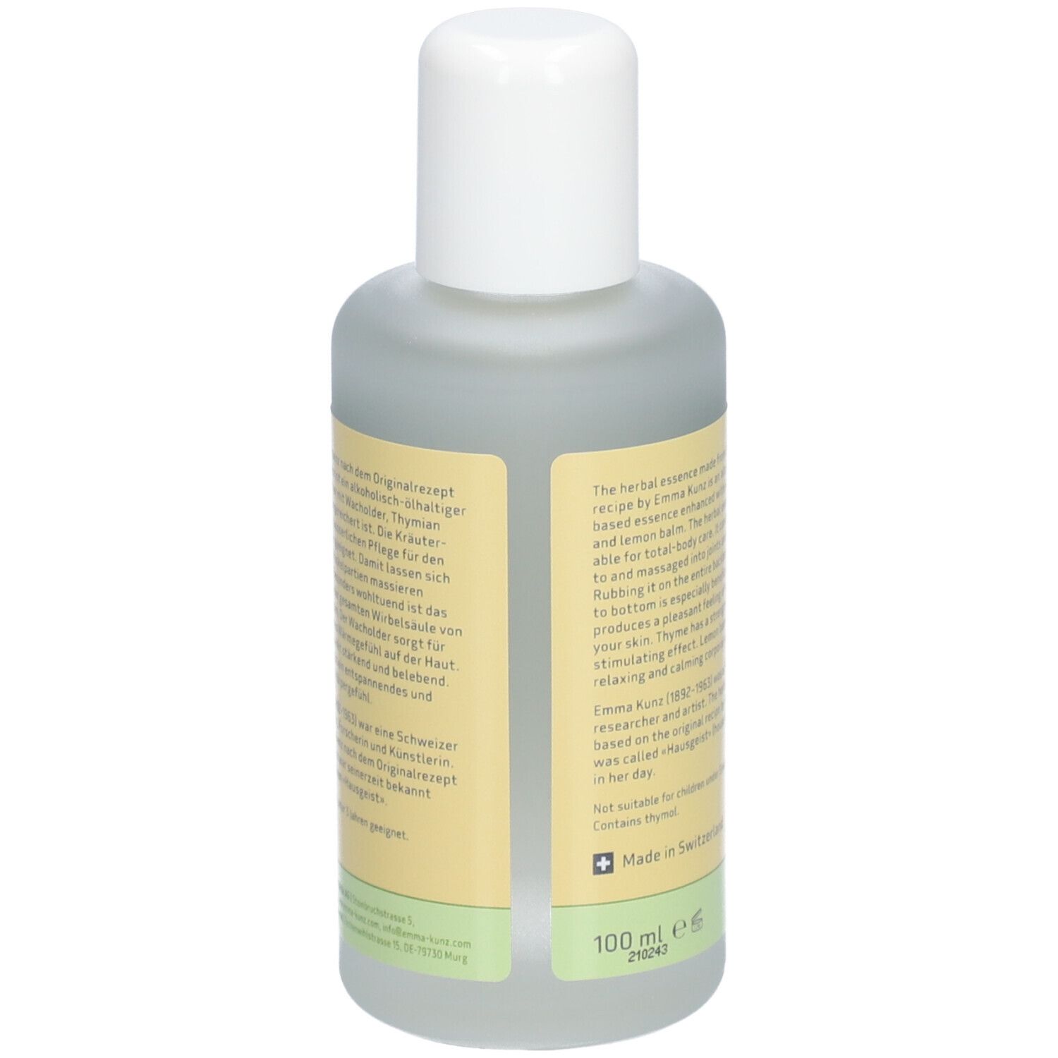 Flacon d'essence végétale. Dos avec texte et indication de volume. Bouchon blanc, étiquette jaune.