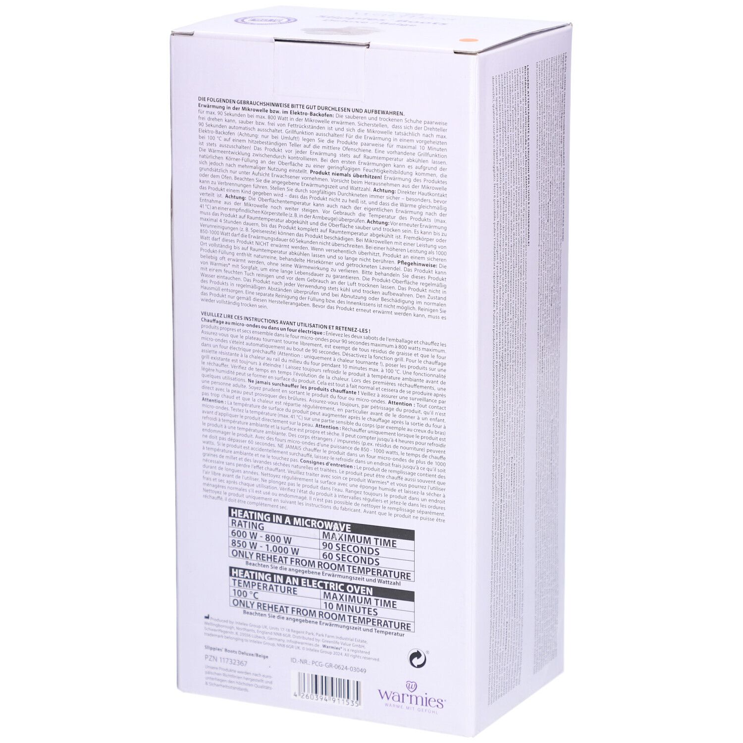 Dos de la boîte Warmies Slippies Boots. Texte avec instructions de chauffage au micro-ondes et au four.