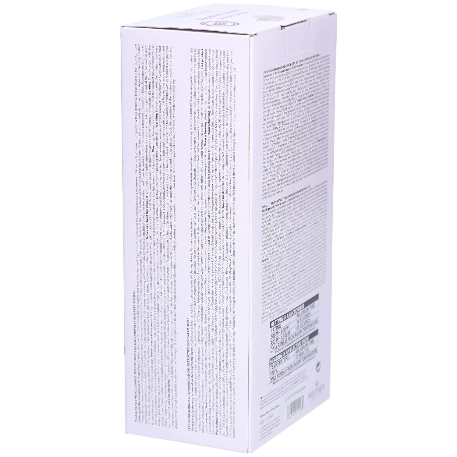 Vue latérale de la boîte Warmies Slippies Boots. Informations textuelles sur fond blanc.