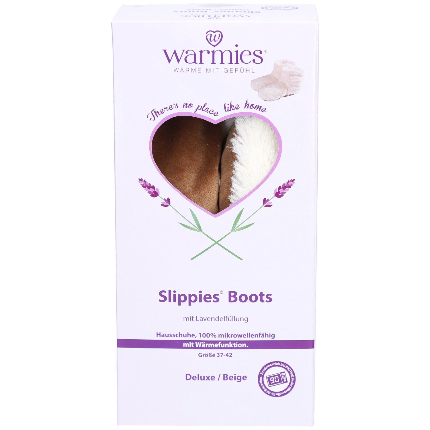 Boîte Warmies Slippies Boots. Fenêtre en forme de cœur avec botte, nom du produit, taille 37-42.