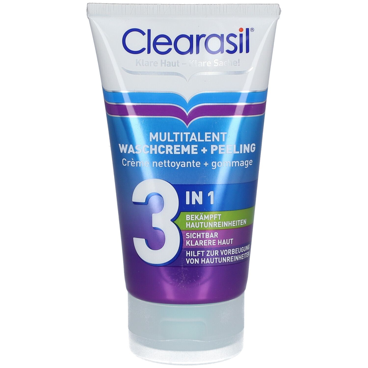 Tube de crème nettoyante et gommage. Logo "Clearasil". Inscription "MULTITALENT WASCHCREME + PEELING 3 IN 1". Dégradé bleu, blanc, violet.