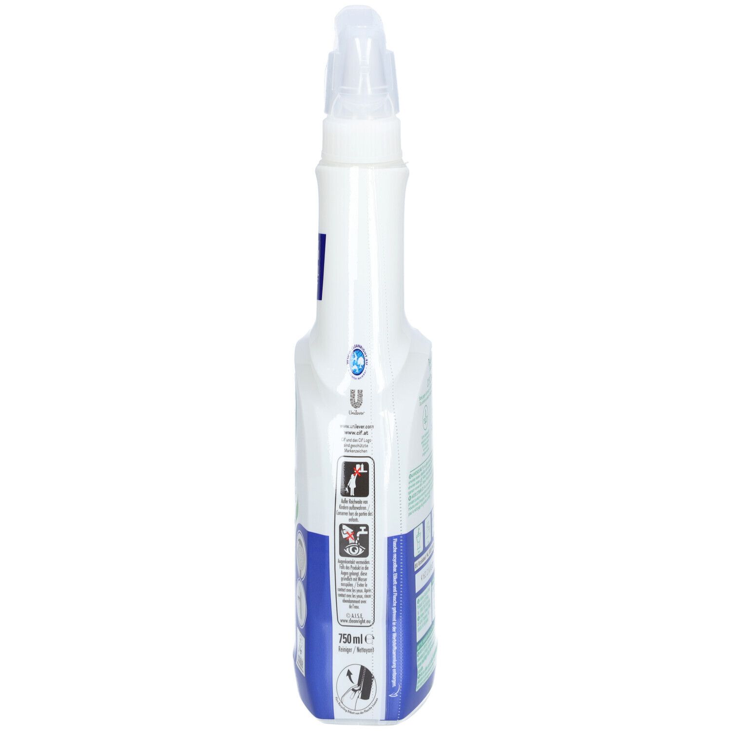 Flacon pulvérisateur blanc et étroit avec logo Cif. La tête de pulvérisation est fixée en haut. Informations sur le produit.