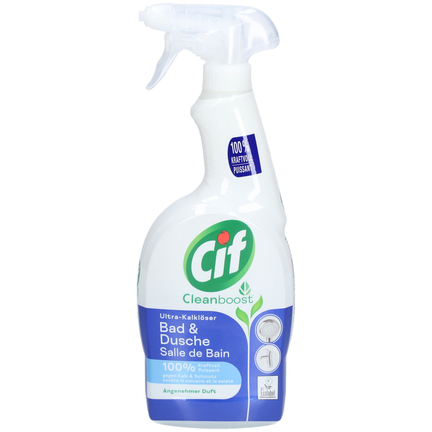 Flacon pulvérisateur blanc avec logo Cif et nom du produit. Comprend une tête de pulvérisation et des accents bleus.