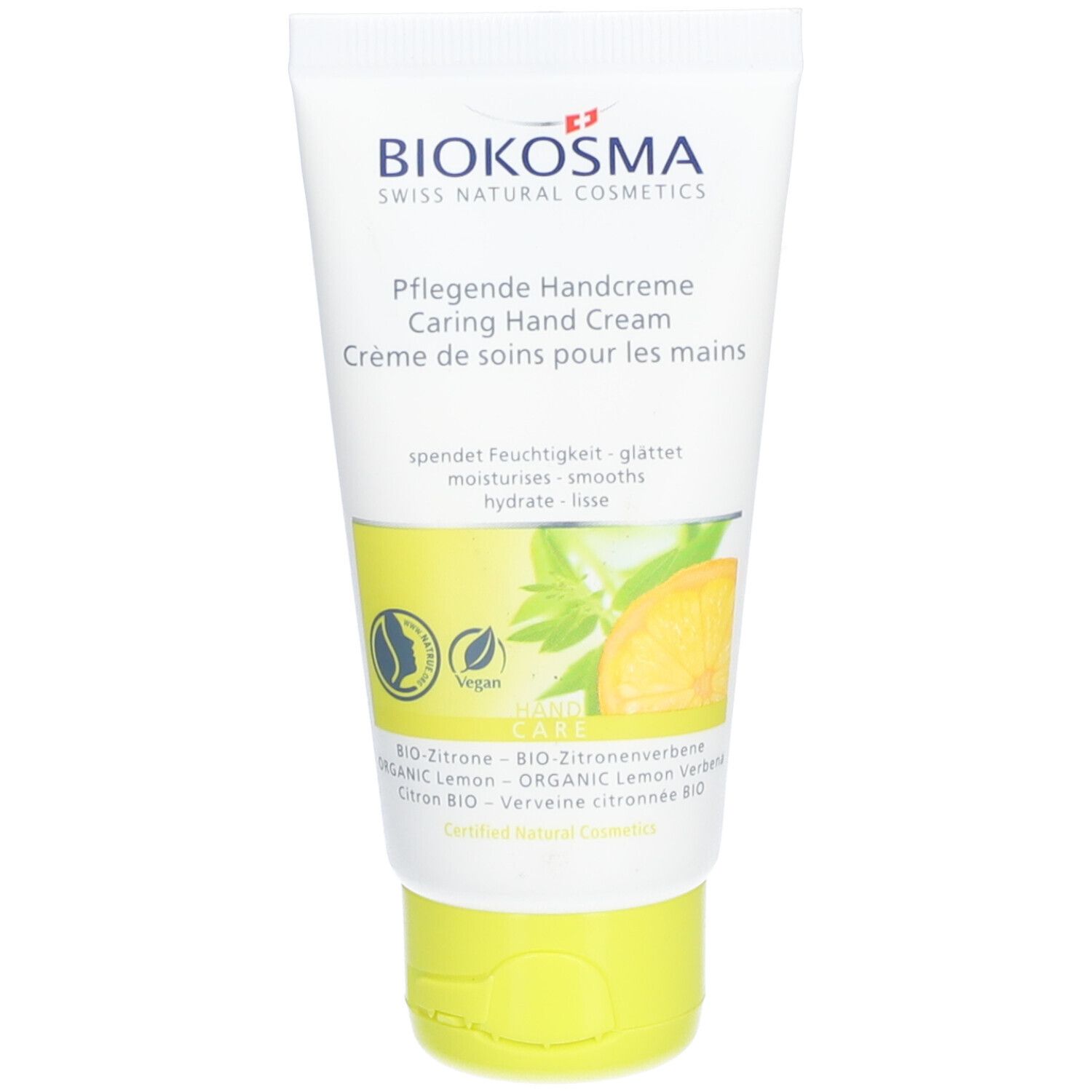 Tube de crème pour les mains BIOKOSMA, blanc avec bouchon jaune. Texte: Pflegende Handcreme BIO Zitrone, Vegan, Certified Natural Cosmetics.