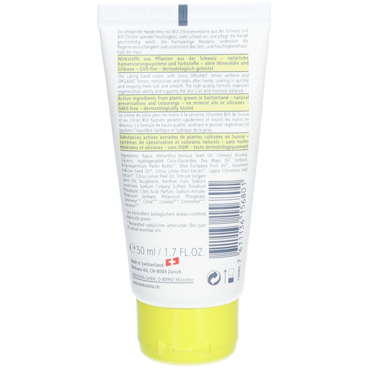 Dos du tube de crème pour les mains BIOKOSMA. Texte: Ingrédients, origine Suisse, Vegan, testé dermatologiquement.