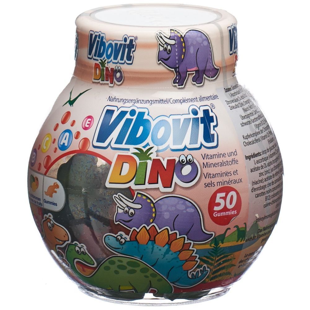 Pot de gommes Vibovit Dino. Contient 50 gommes. Illustrations de dinosaures et indications de vitamines.