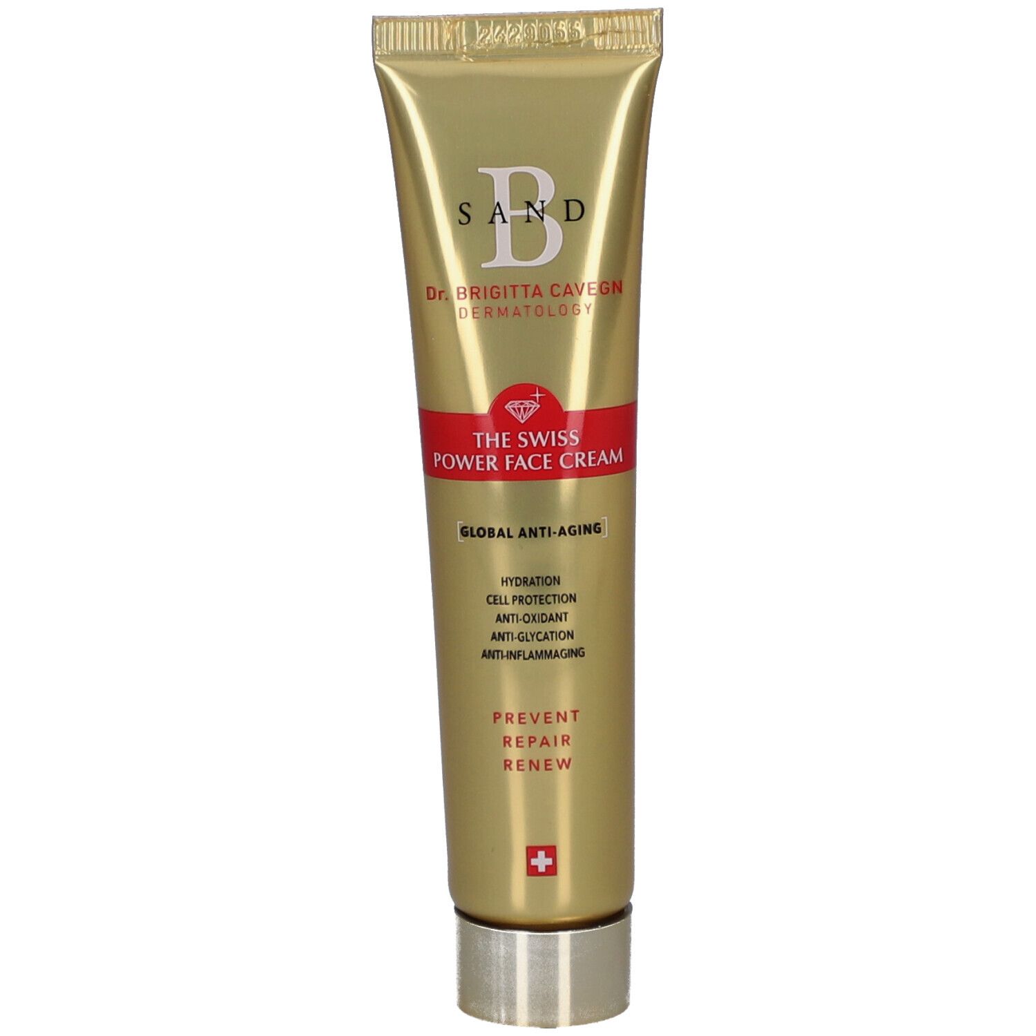 Tube dorée avec bande rouge. Inscription: B SAND, THE SWISS POWER FACE CREAM. Croix suisse.