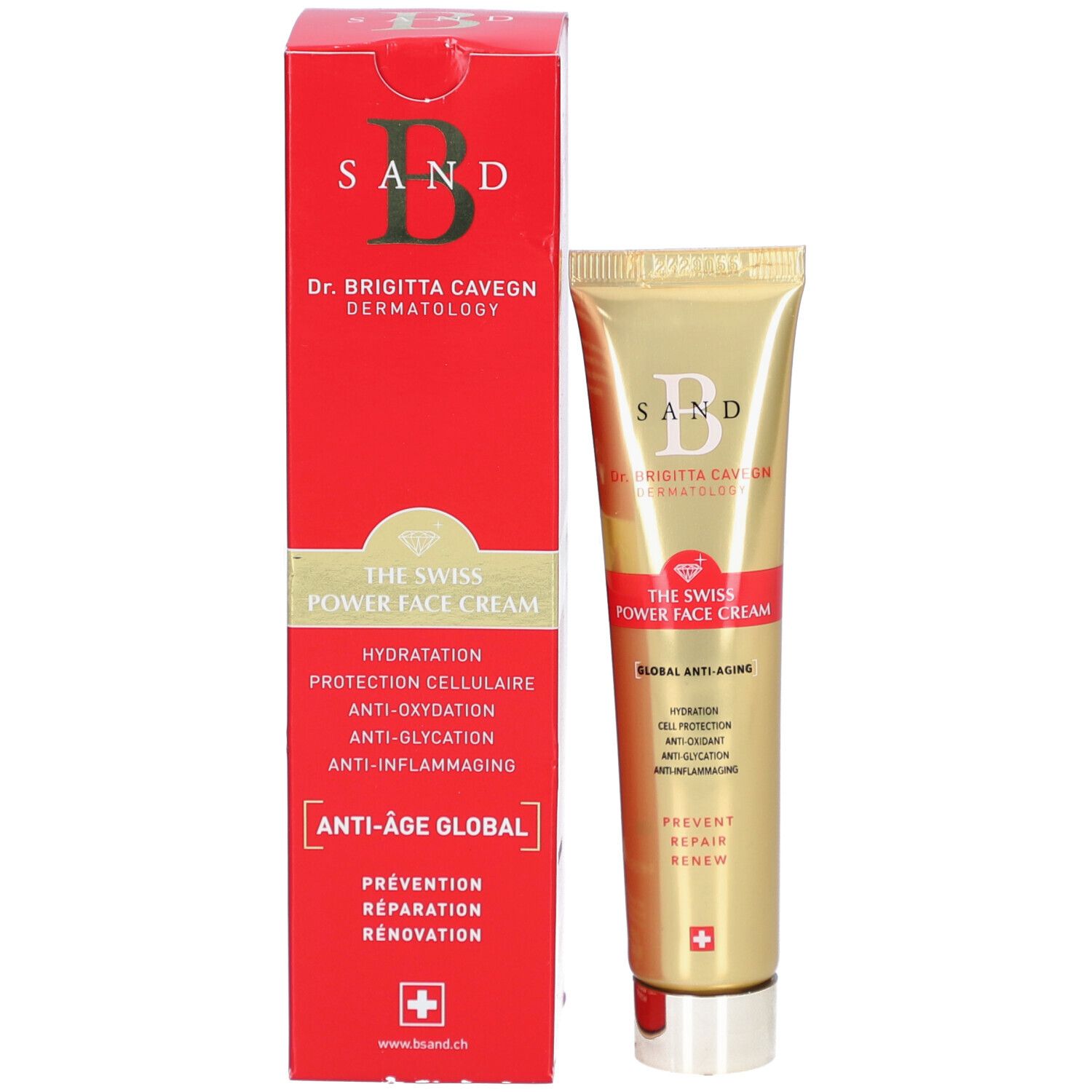 Emballage du produit: tube et boîte. Inscription: B SAND, THE SWISS POWER FACE CREAM. Croix suisse.