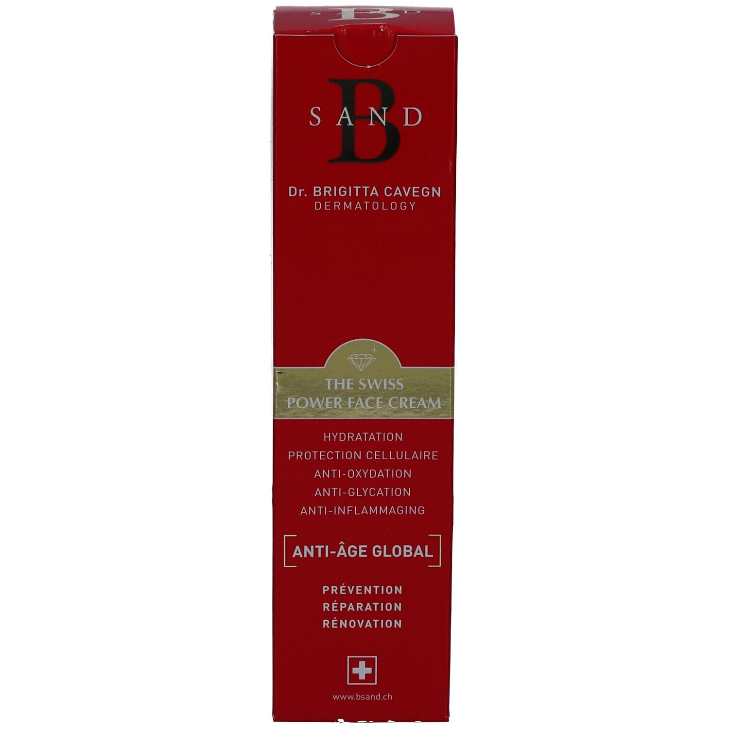 Boîte rouge. Inscription: B SAND, THE SWISS POWER FACE CREAM. Anti-Âge Global. Croix suisse.