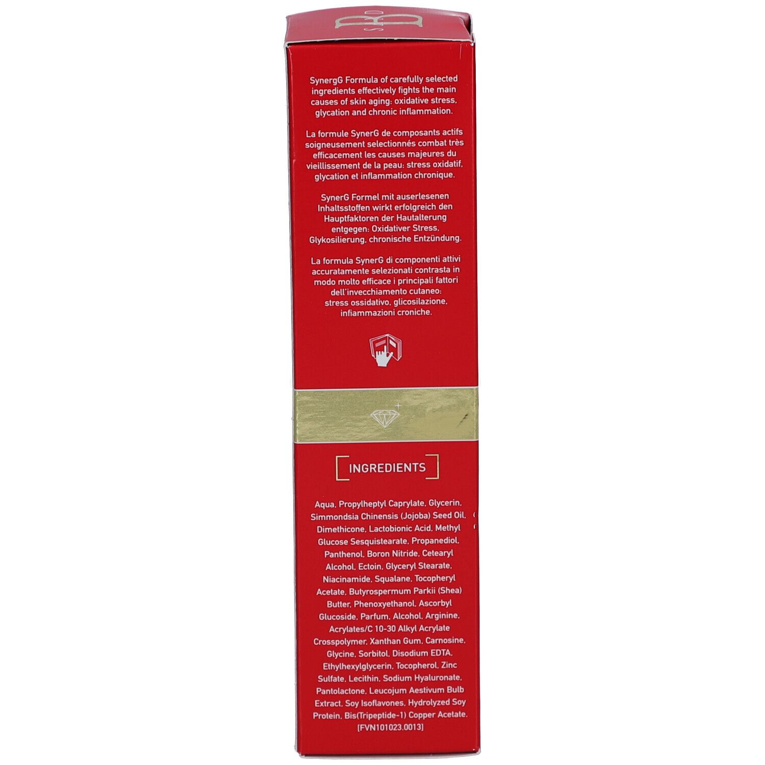 Boîte rouge, dos. Texte: ingrédients, mode d'action. Croix suisse. Informations fabricant.