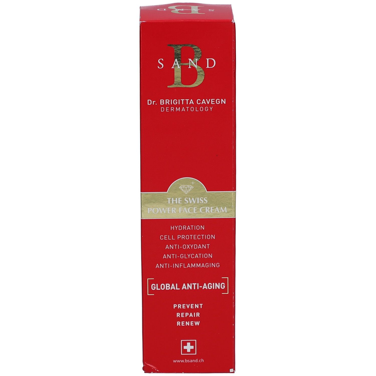 Boîte rouge. Inscription: B SAND, THE SWISS POWER FACE CREAM. Anti-Âge Global. Croix suisse.