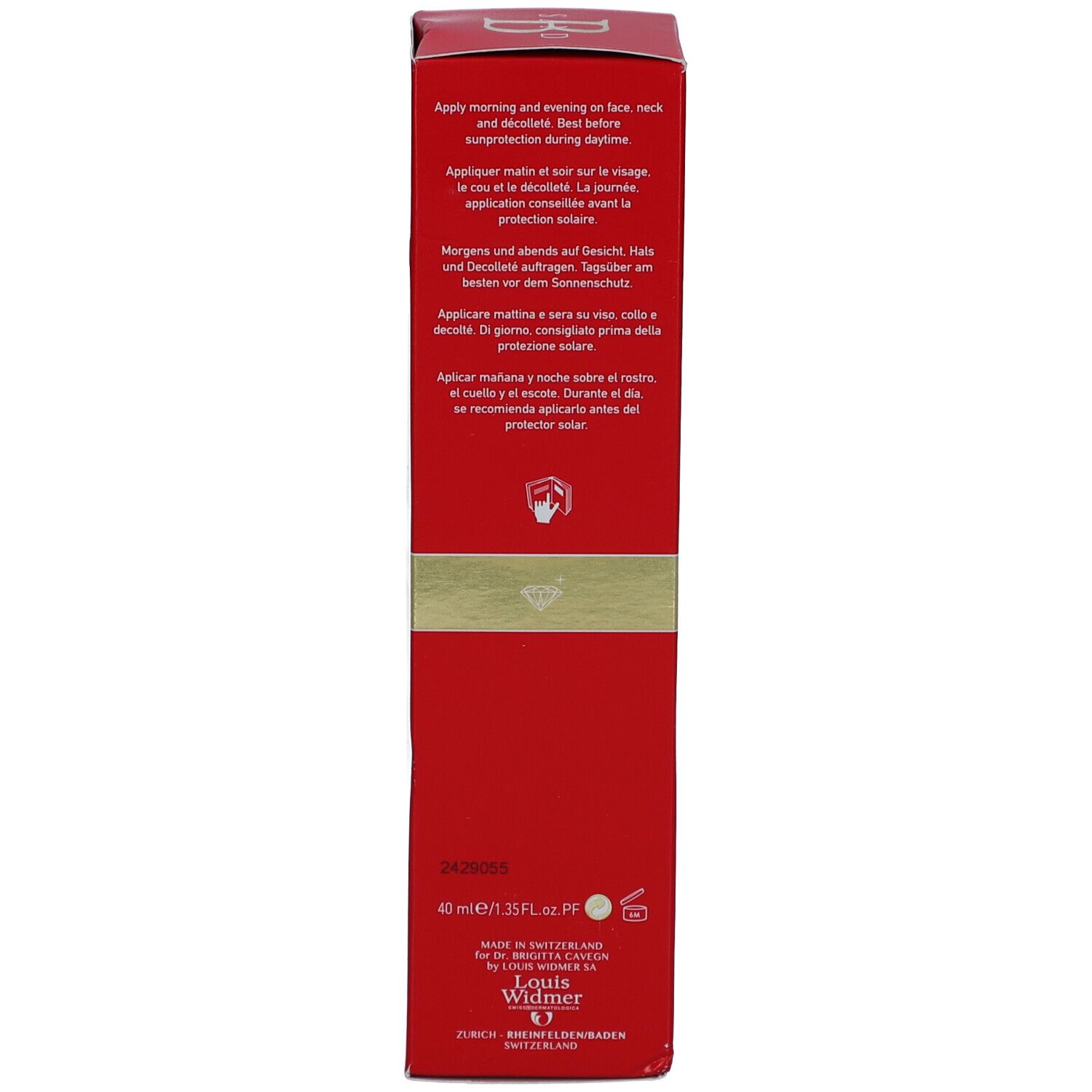 Boîte rouge, dos. Instructions d'utilisation multilingues. Croix suisse. Informations fabricant.