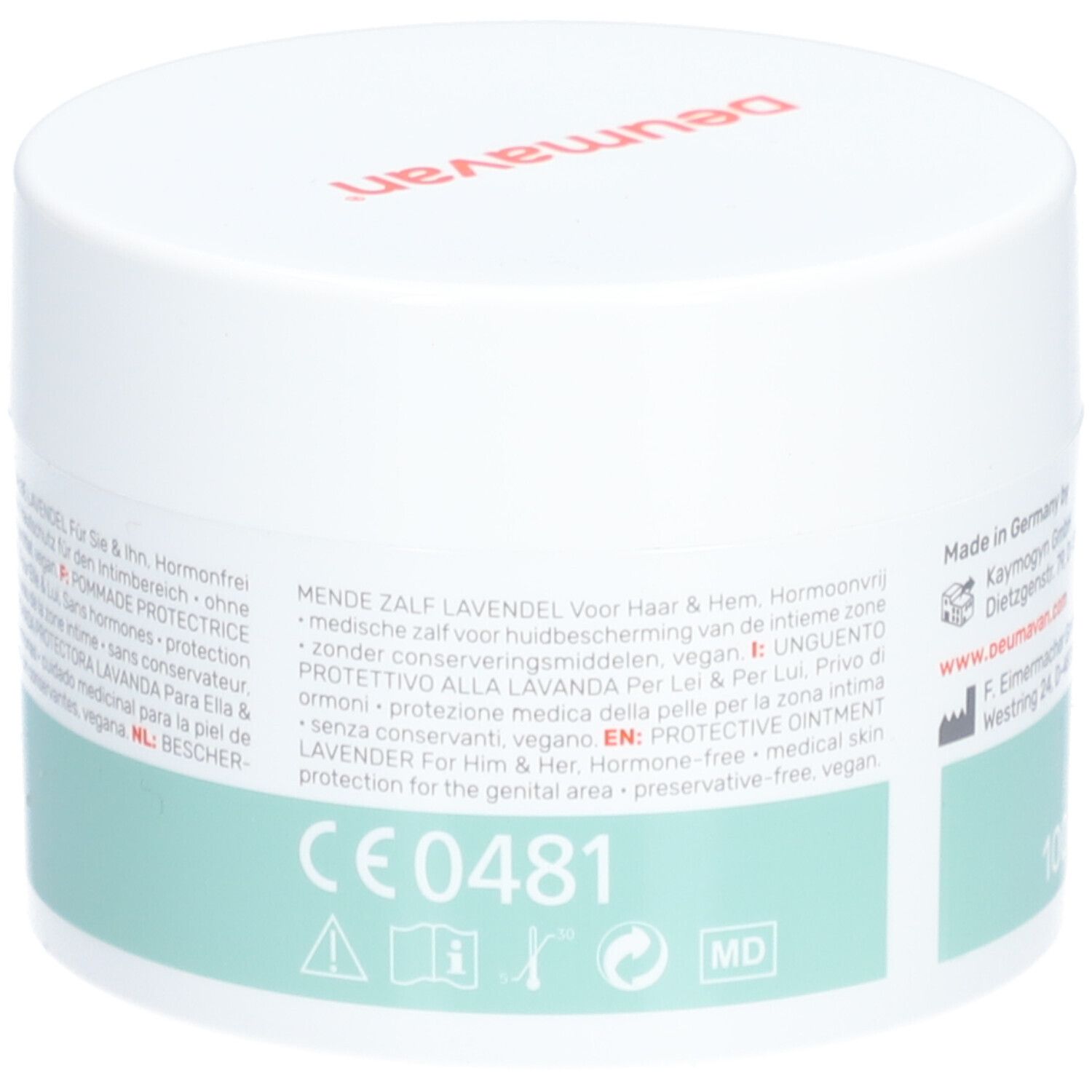 Pot blanc avec impression rouge sur le couvercle. Autocollant avec texte, marquage CE et symbole MD. Bande verte et blanche.