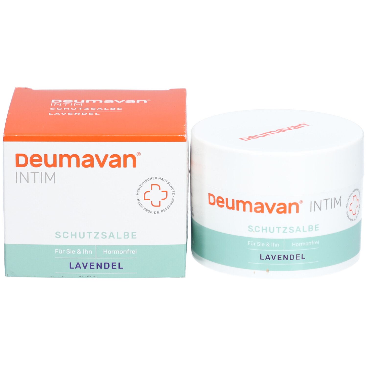 Emballage du produit : boîte et pot. Boîte : orange, blanc, vert. Inscription : Deumavan Intim, Schutzsalbe, Lavande. Logo médical.