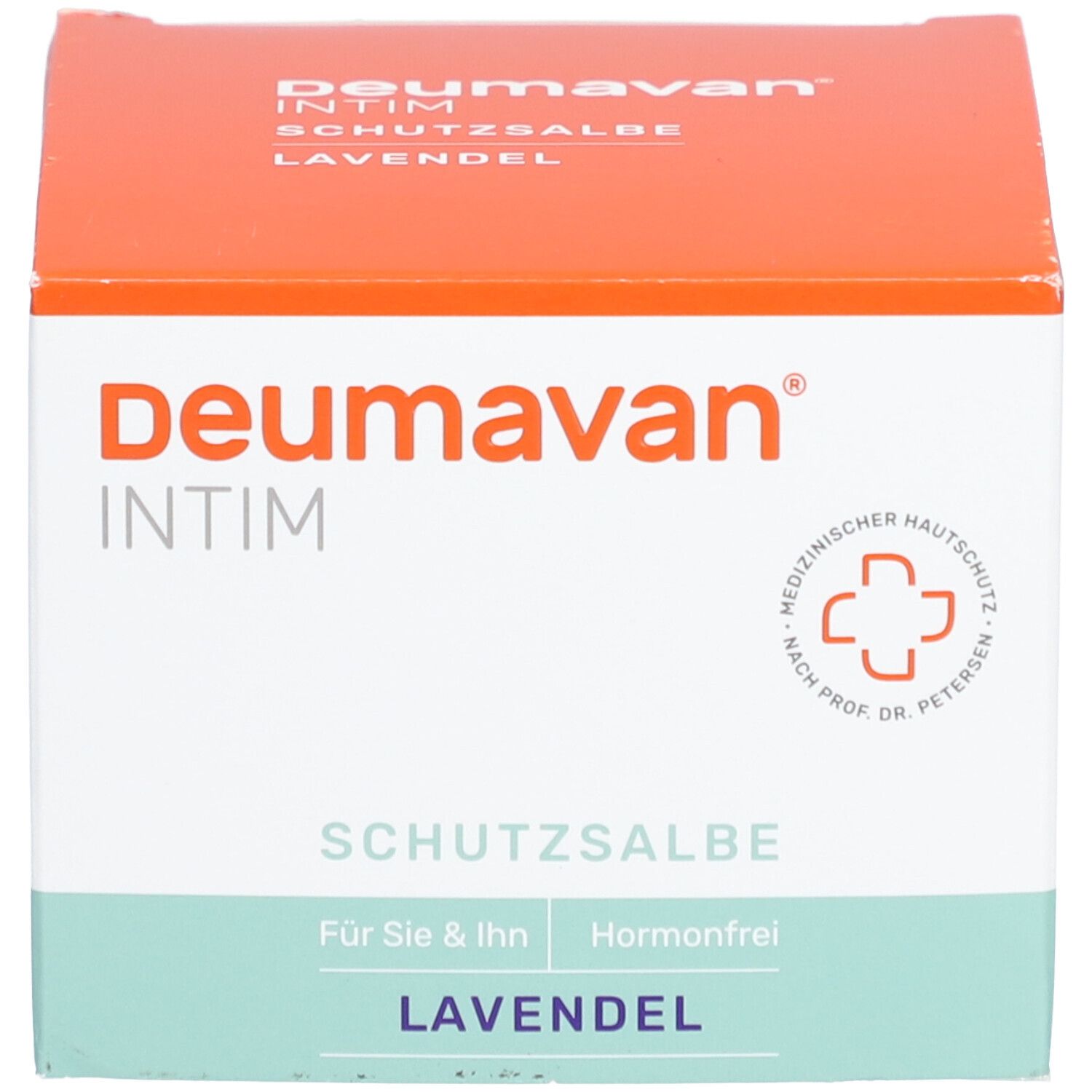 Emballage du produit : boîte orange. Inscription : Deumavan Intim, Schutzsalbe, Lavande. Logo médical. Bande verte et blanche.