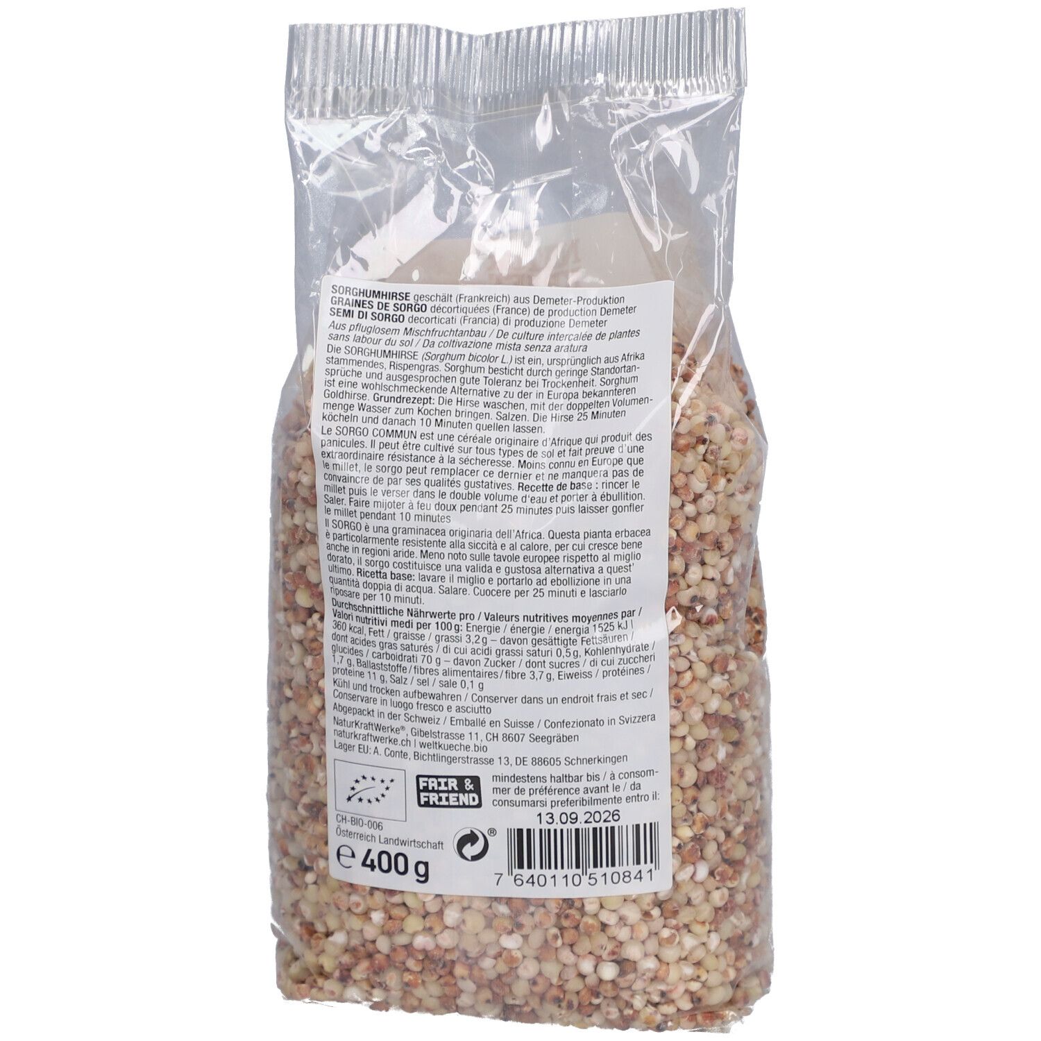 Dos de l'emballage transparent de sorgho. Informations textuelles et valeurs nutritionnelles. Label Demeter et poids 400g.