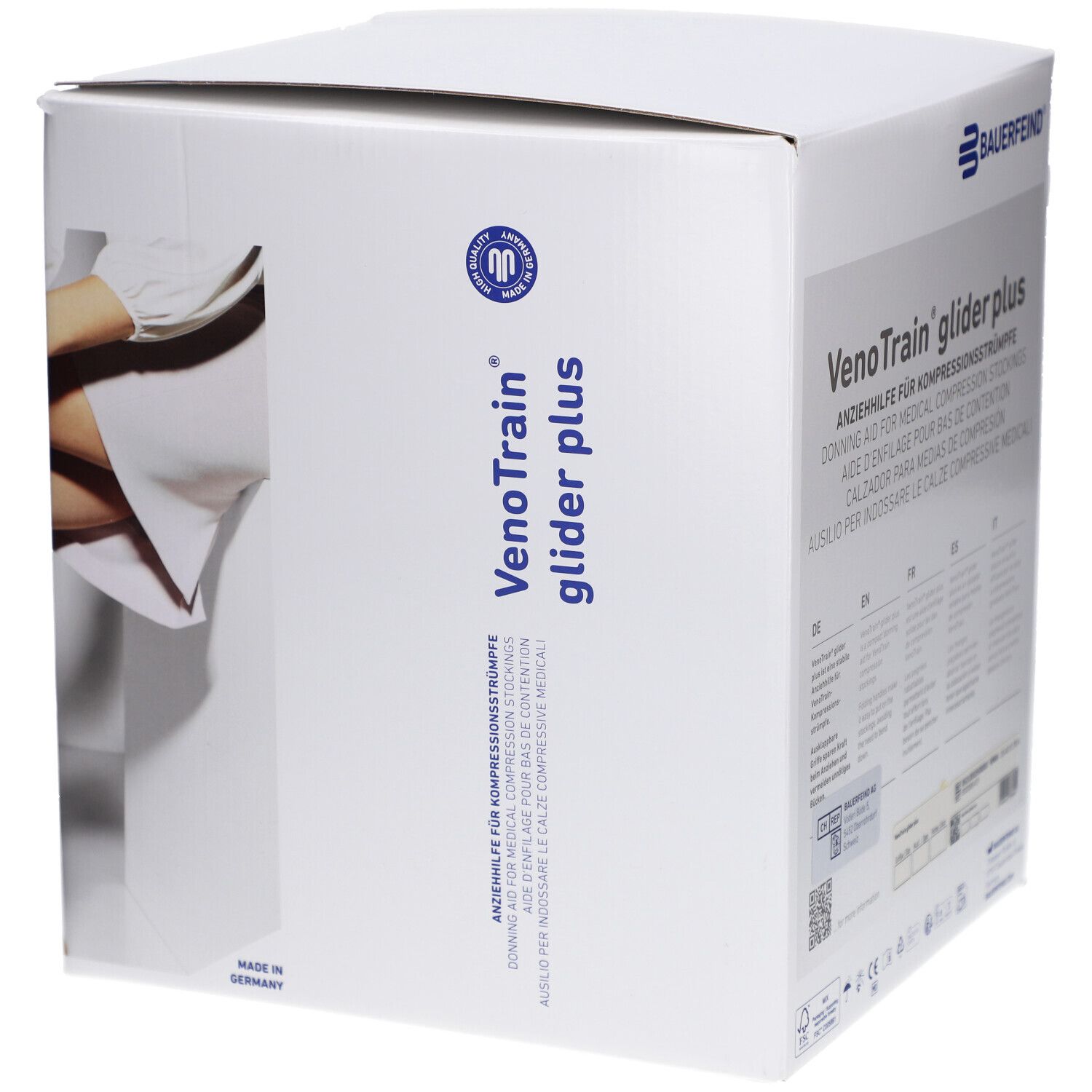 Boîte de l'aide à l'enfilage. Nom et marque du produit clairement visibles. Emballage en carton.