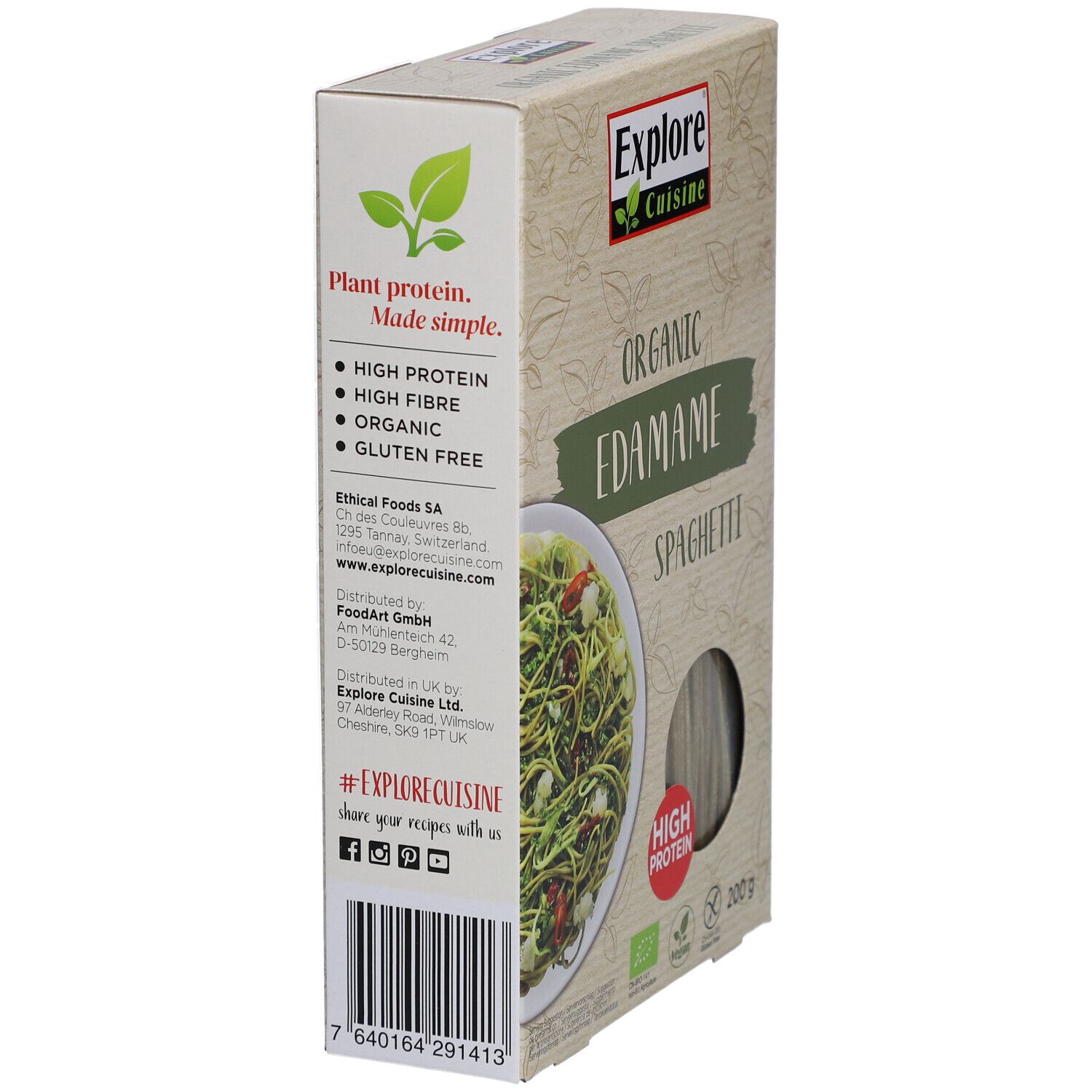 Boîte de spaghetti Explore Cuisine. Inscription : Organic Edamame Spaghetti, High Protein, High Fibre, Organic, Gluten Free.
