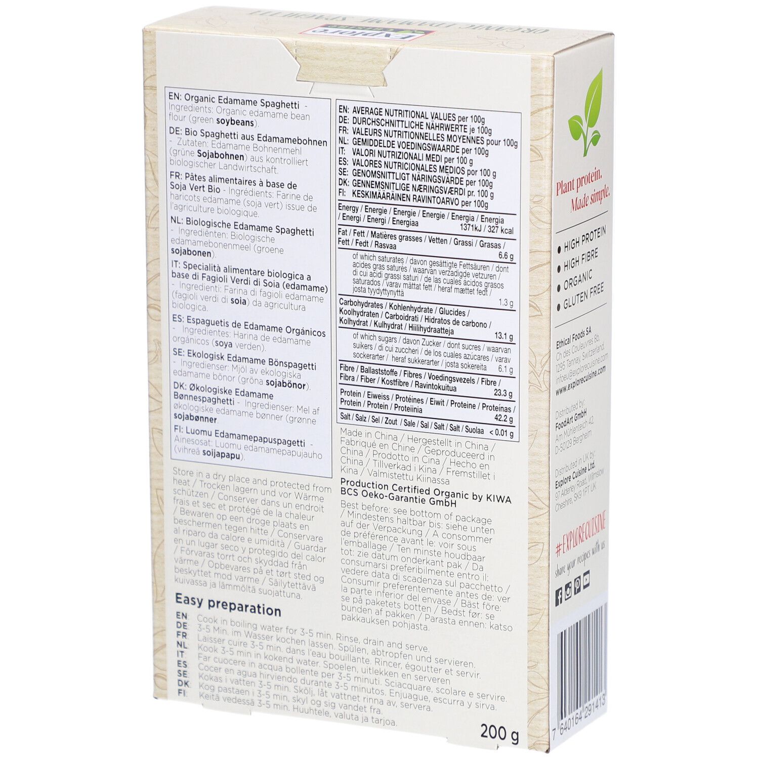 Dos de la boîte de spaghetti Explore Cuisine. Texte : valeurs nutritionnelles, ingrédients, instructions, label EU Bio, 200g.