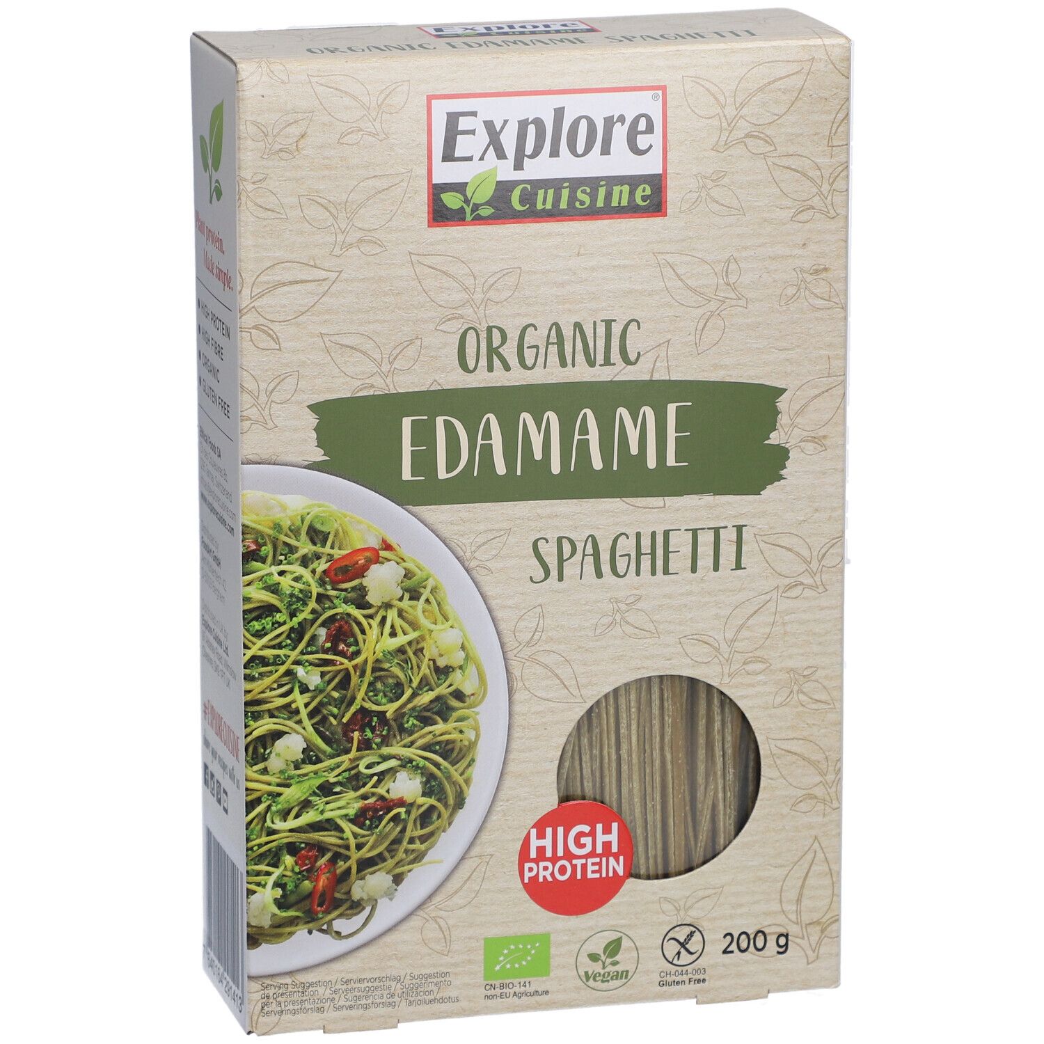 Boîte de spaghetti Explore Cuisine. Inscription : Organic Edamame Spaghetti, EU Bio, High Protein, Vegan, 200g.