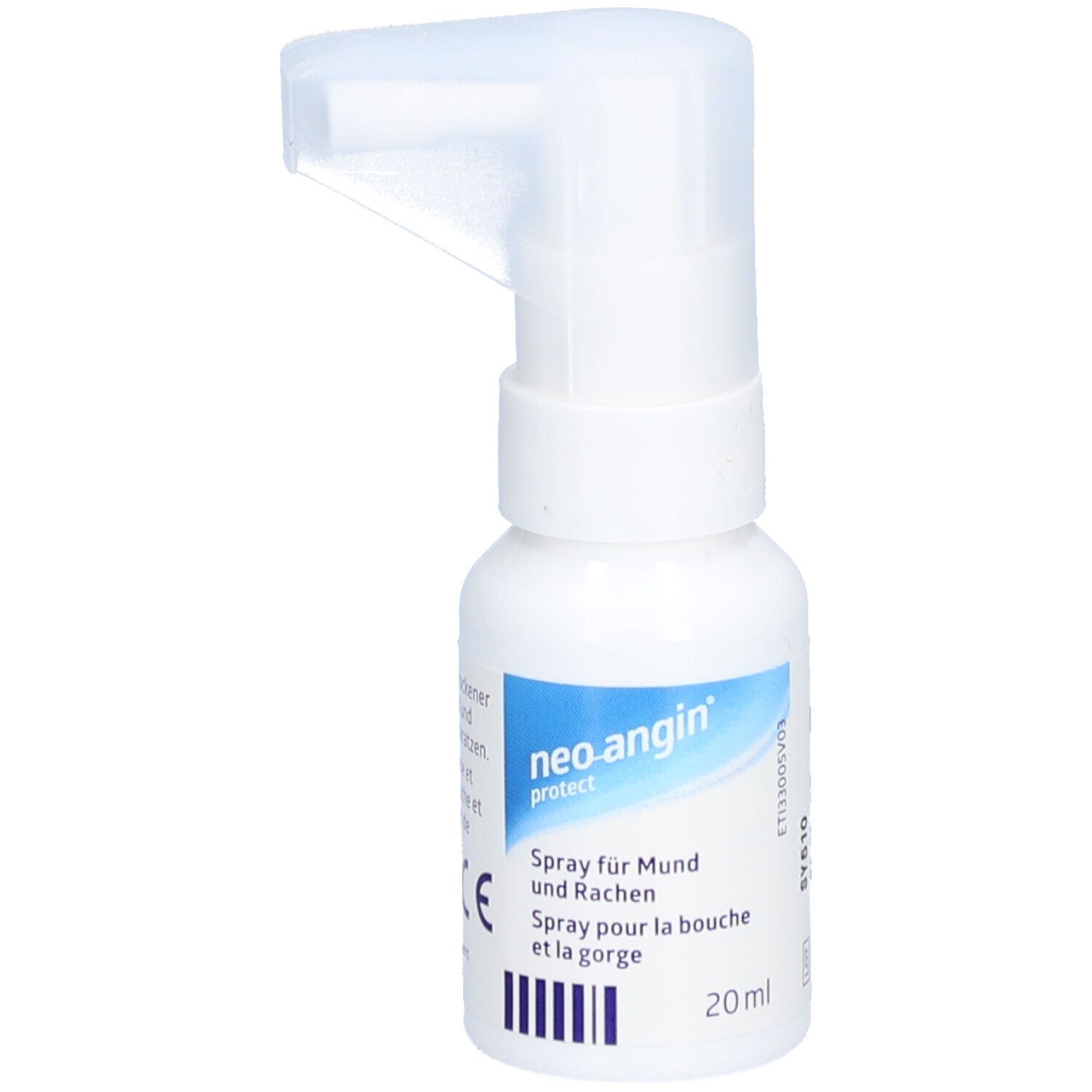 Flacon spray blanc avec étiquette bleue. Inscription : neo-angin protect. Tête de pulvérisation. 20ml.