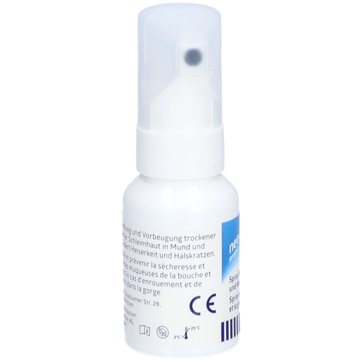 Flacon spray blanc avec étiquette bleue. Inscription : neo-angin protect. Tête de pulvérisation. Marque CE.