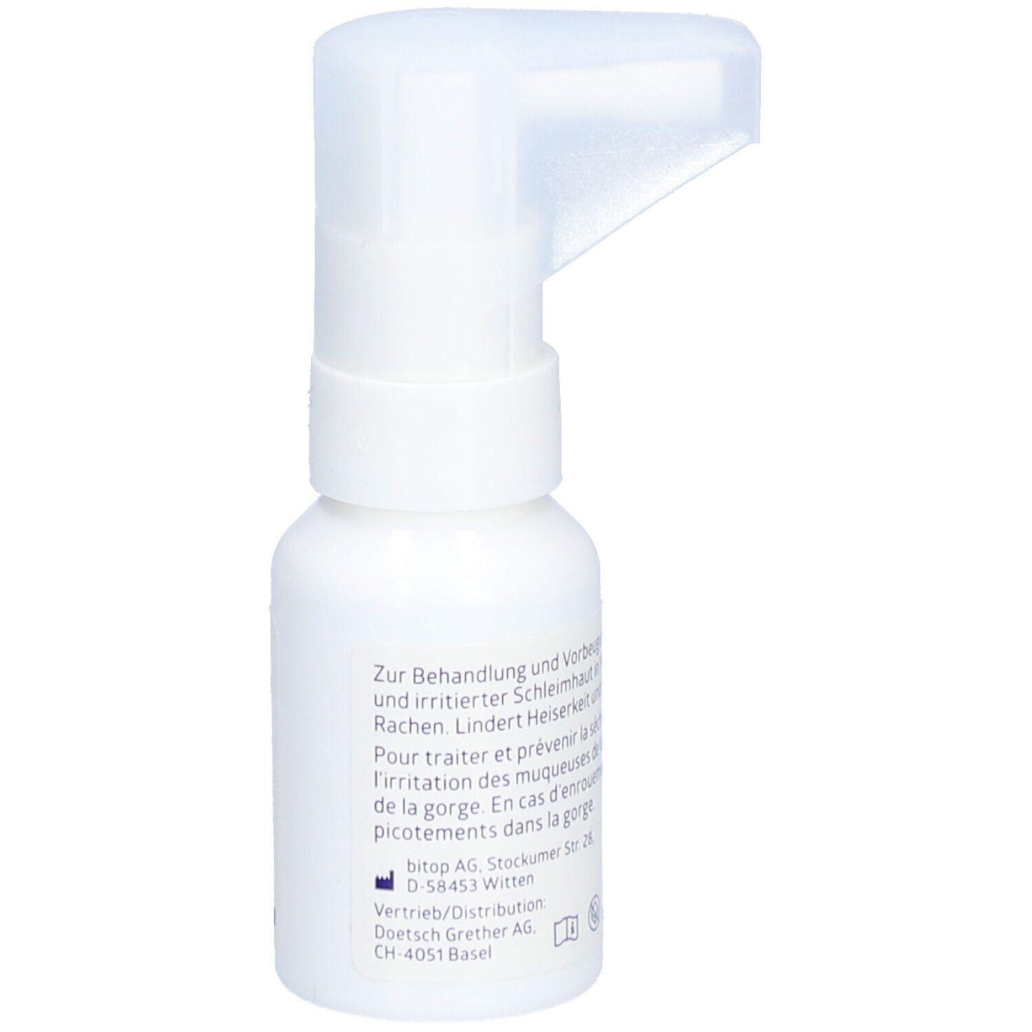 Flacon spray blanc avec étiquette bleue. Inscription : neo-angin protect. Tête de pulvérisation. Texte d'utilisation.