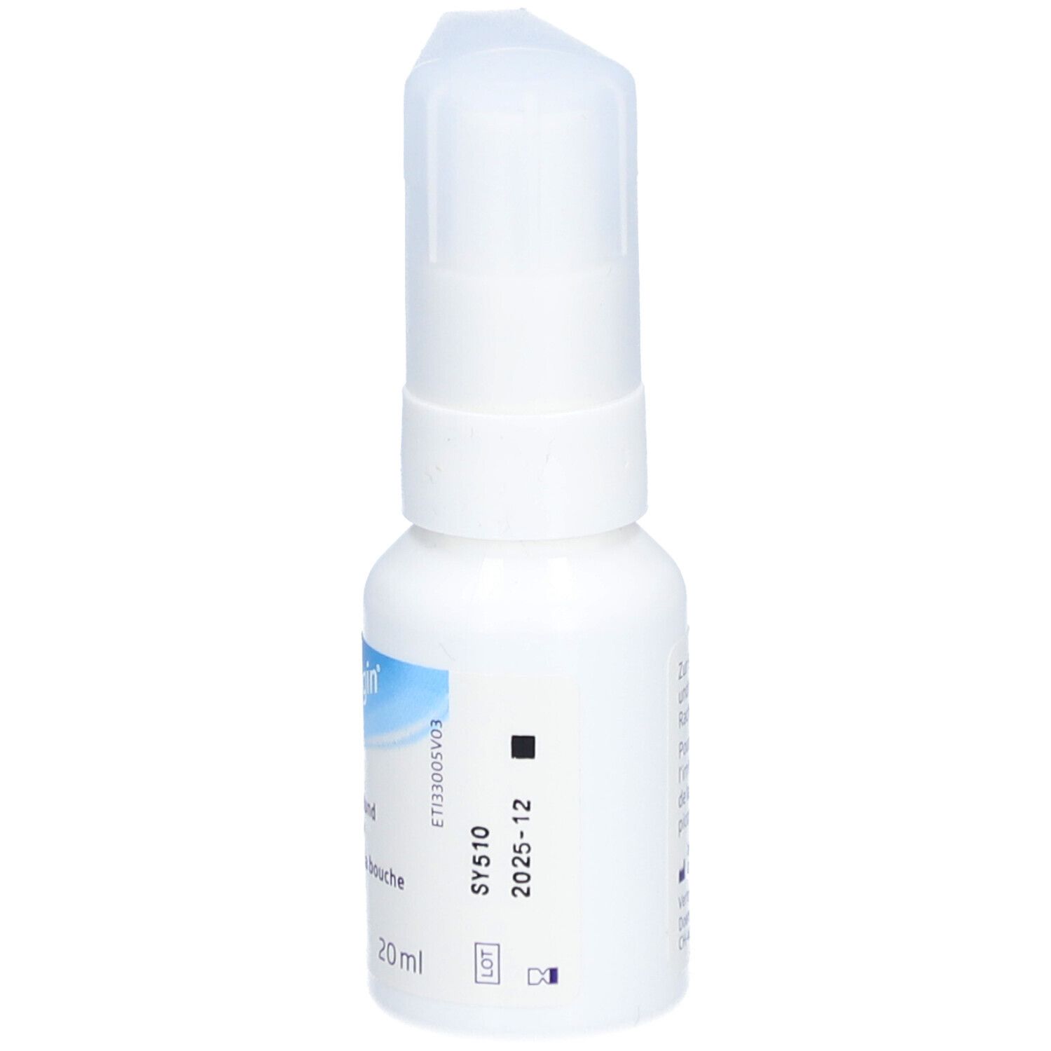 Flacon spray blanc avec étiquette bleue. Inscription : neo-angin protect. Tête de pulvérisation. Date de péremption.