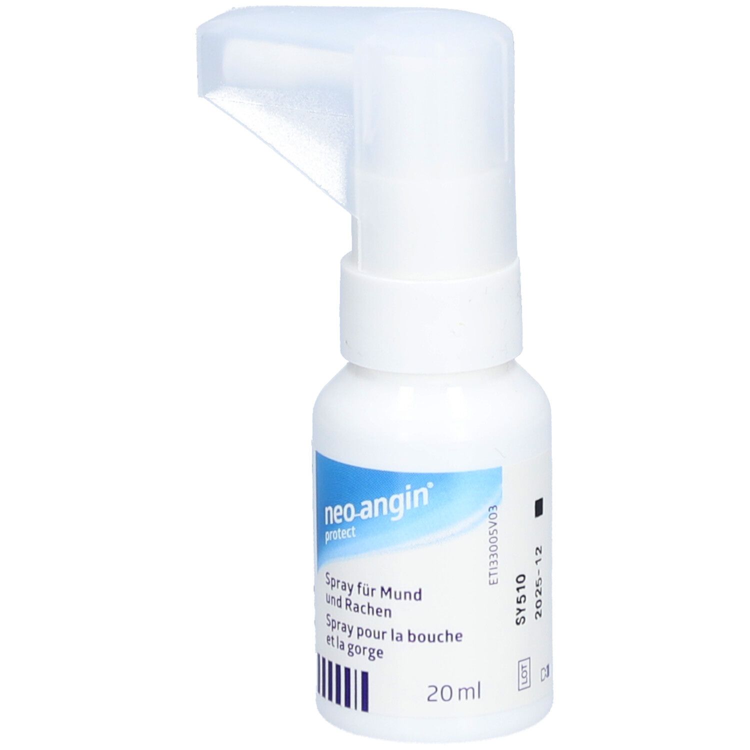 Flacon spray blanc avec étiquette bleue. Inscription : neo-angin protect. Tête de pulvérisation. 20ml.