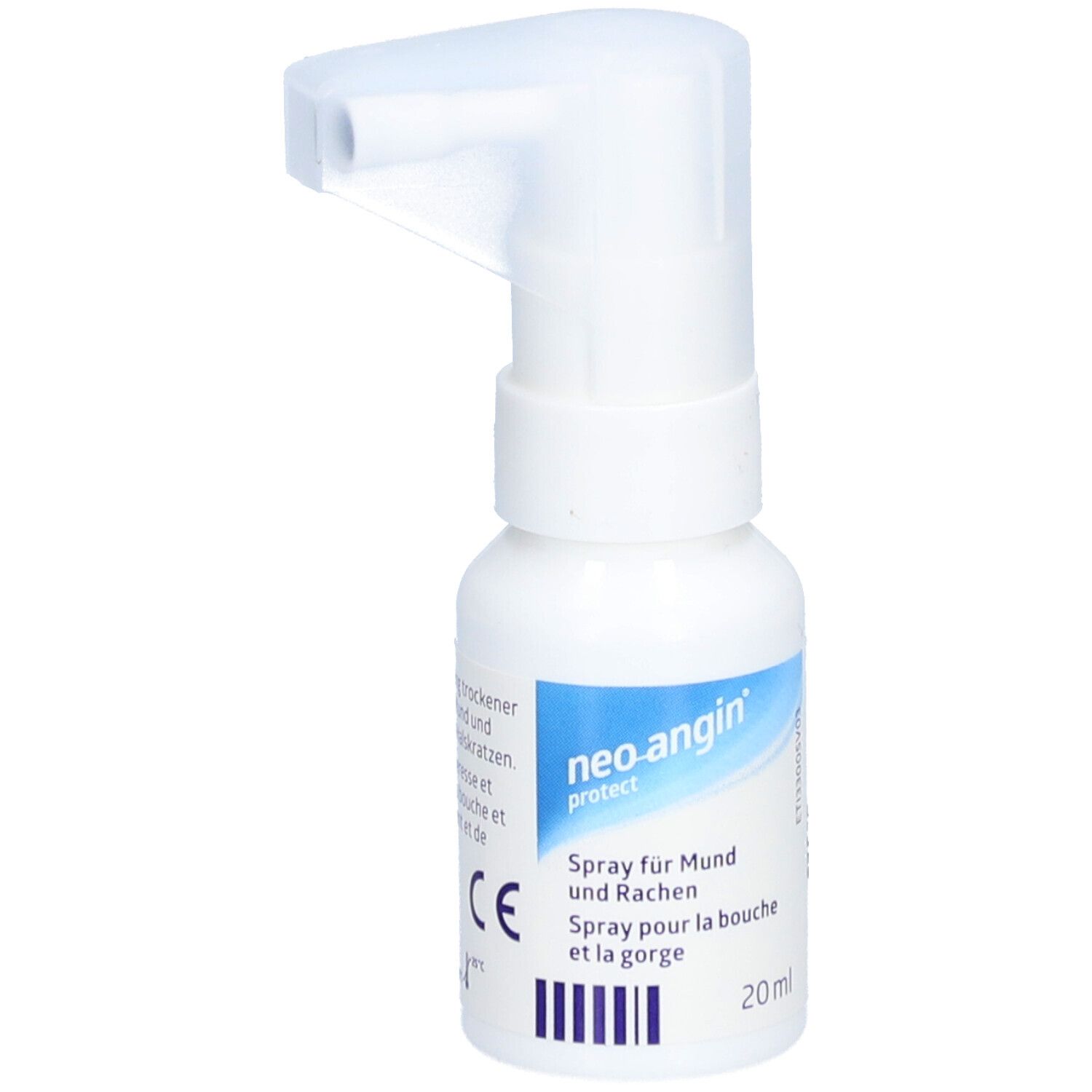 Flacon spray blanc avec étiquette bleue. Inscription : neo-angin protect. Tête de pulvérisation. Marque CE.