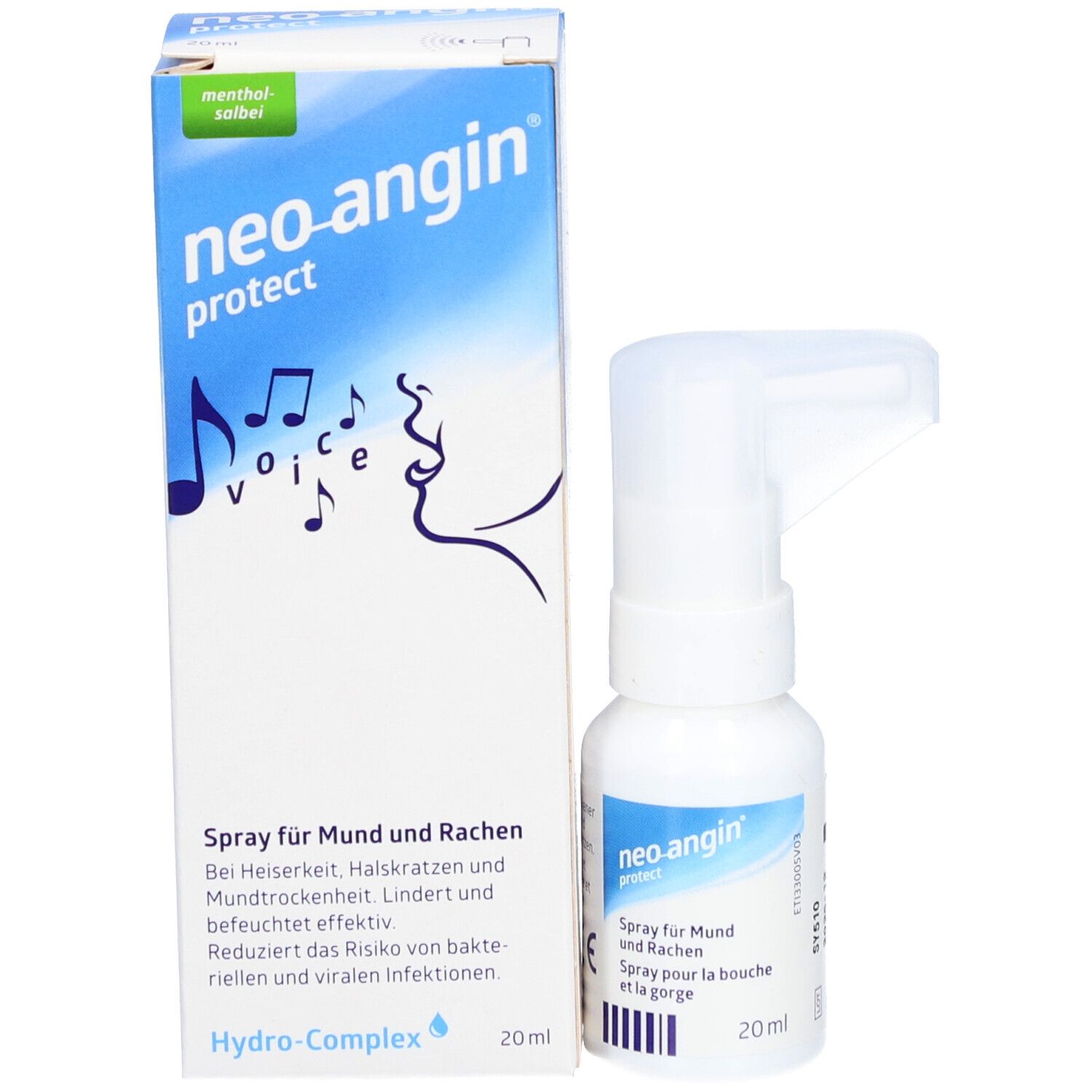 Emballage du produit avec flacon pulvérisateur. Inscription : neo-angin protect. Boîte avec informations et illustration.